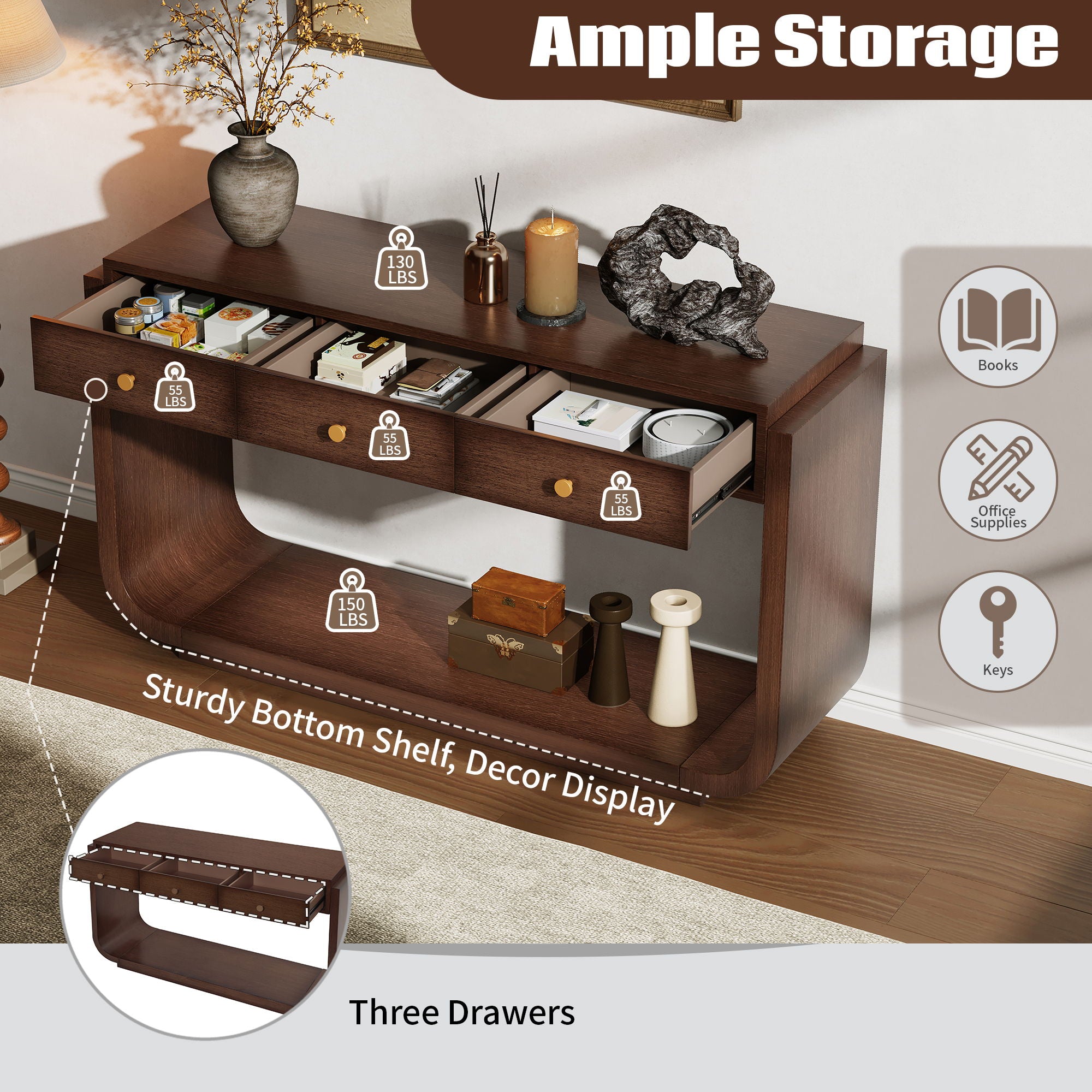 Console Table With 3 Drawers, Display Shelf, Curved Legs - Walnut