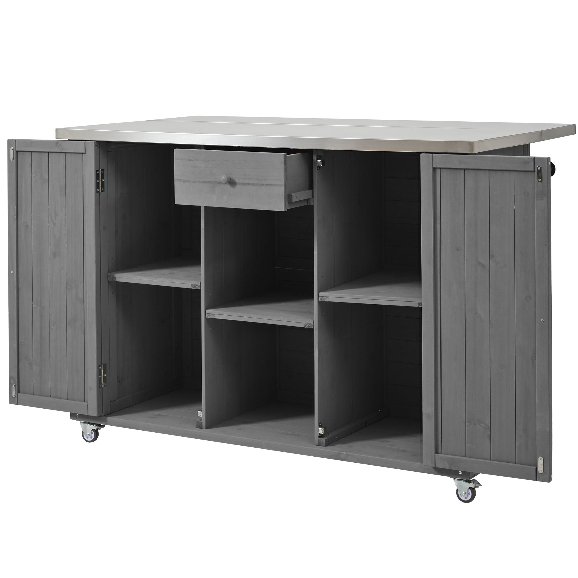 Outdoor Kitchen Island With Stainless Steel Top, Ample Storage Space, Towel And Spice Racks And A Bottle Opener
