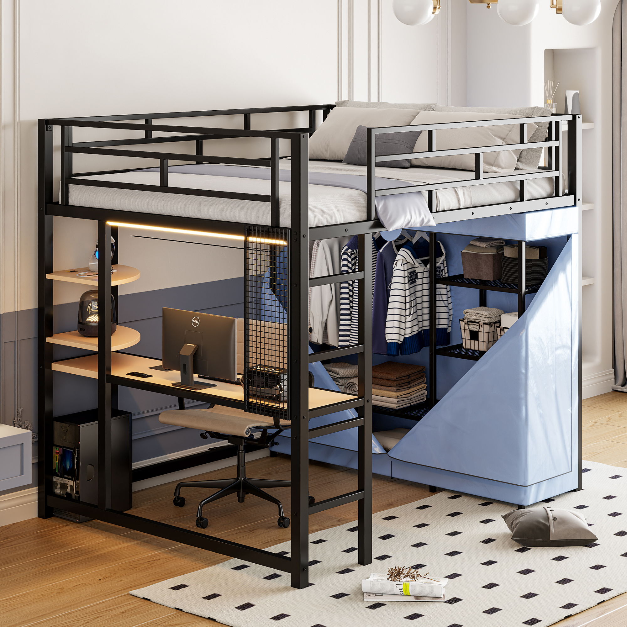 Loft Bed With Desk, Shelves, Power Outlet, LED Light And Wardrobe