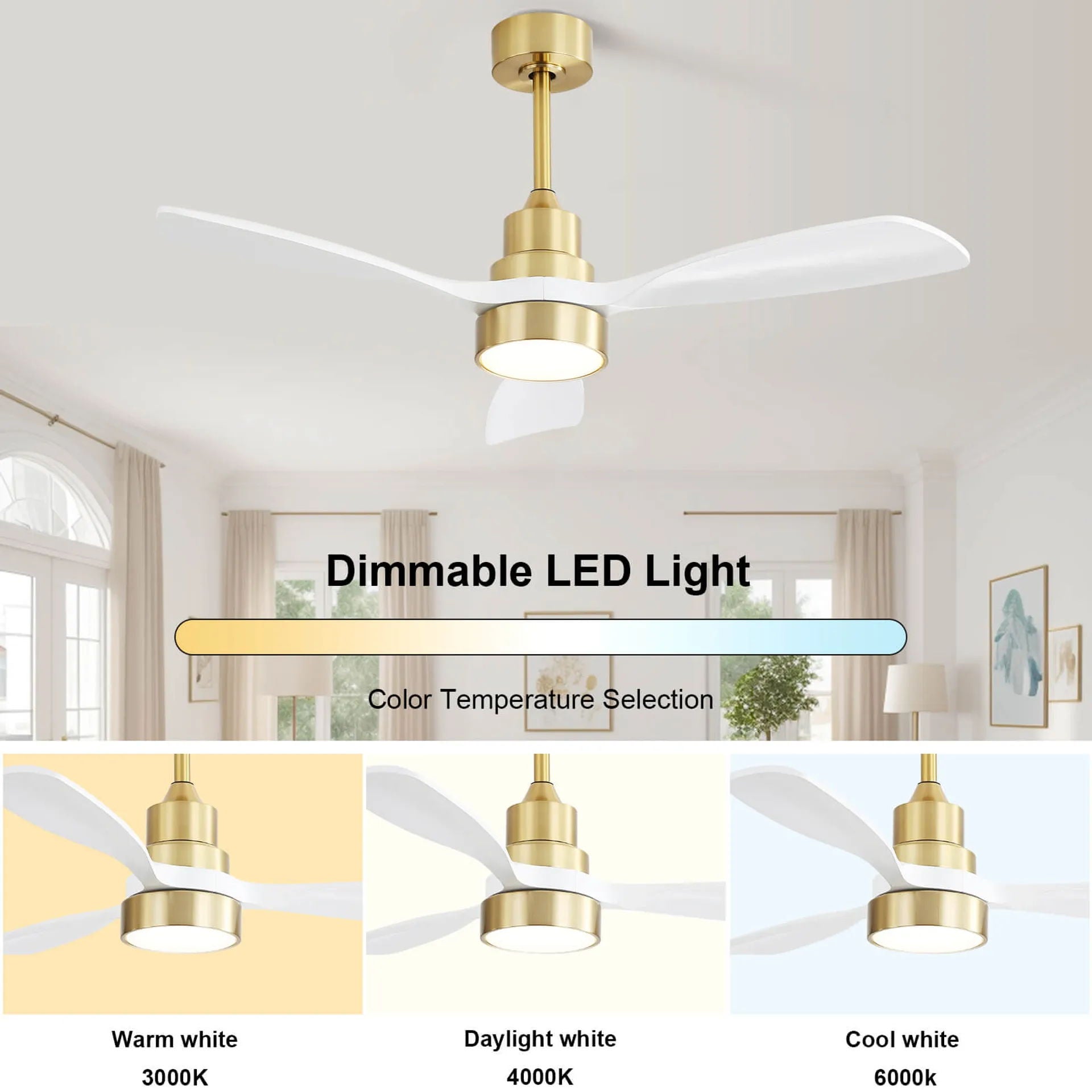Indoor Ceiling Fan With Dimmable LED Light, 6 Speed Remote ControlLED DC Motor, Reversible Blades