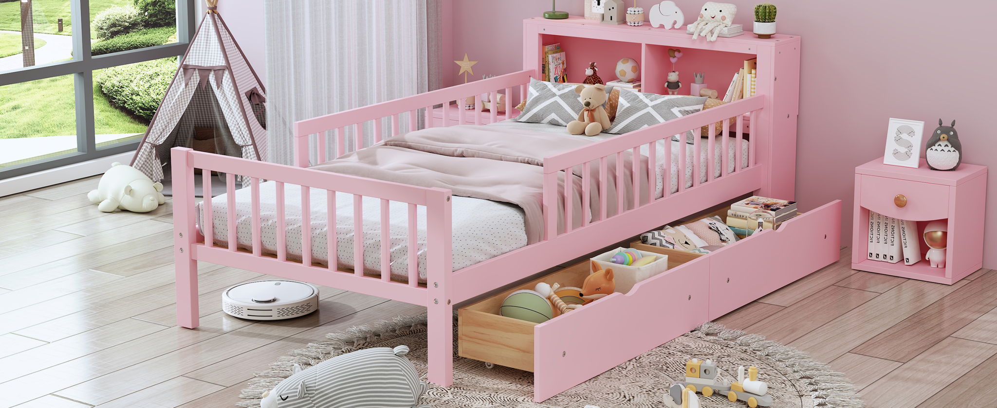 Bed With Headboard Storage Rack, 2 Under Bed Drawers, 3 Side Guardrails For Safety