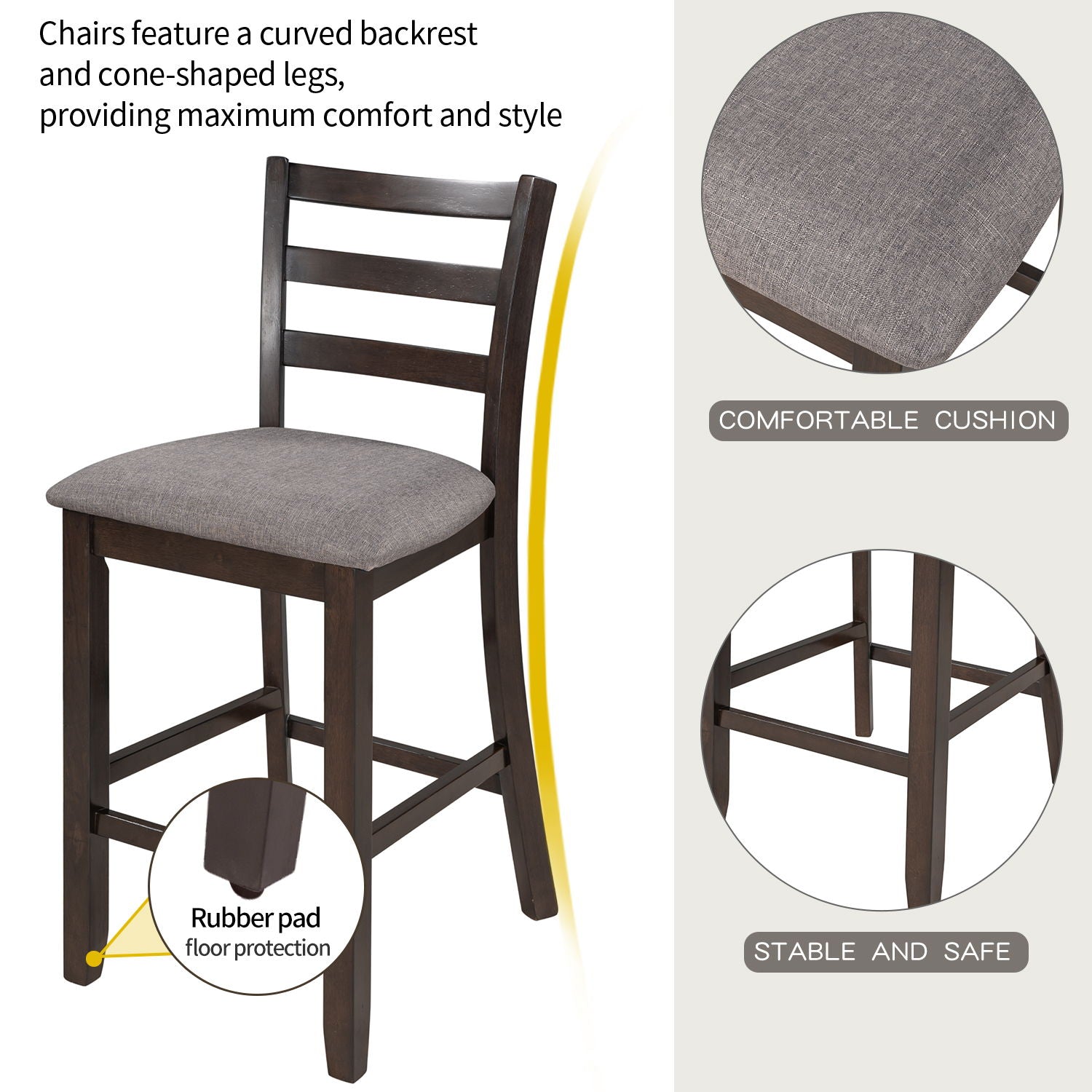 5 Piece Wooden Counter Height Dining Set With Padded Chairs, Storage Shelving