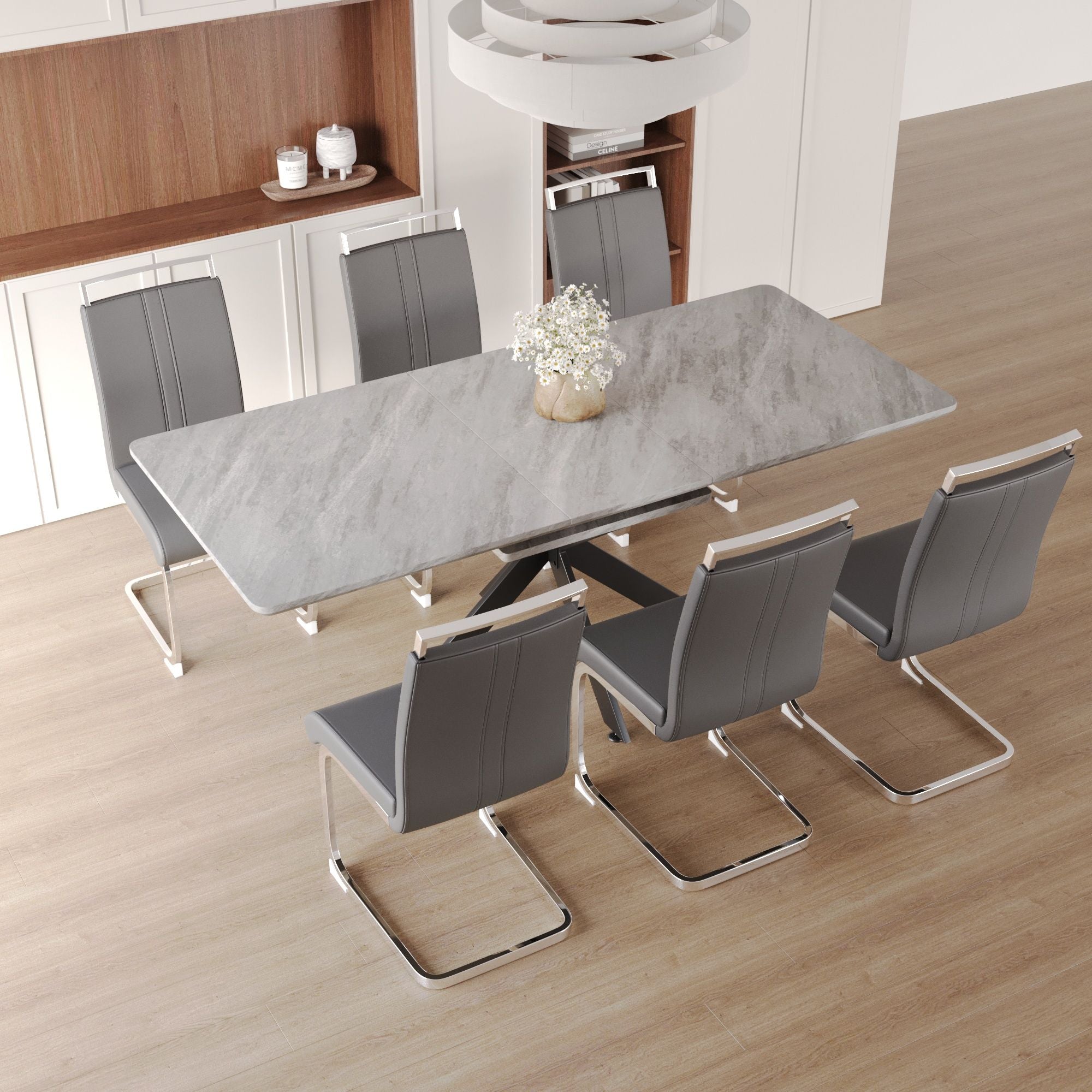 Modern Extendable Dining Table Set With Soft Padded Armless Chairs