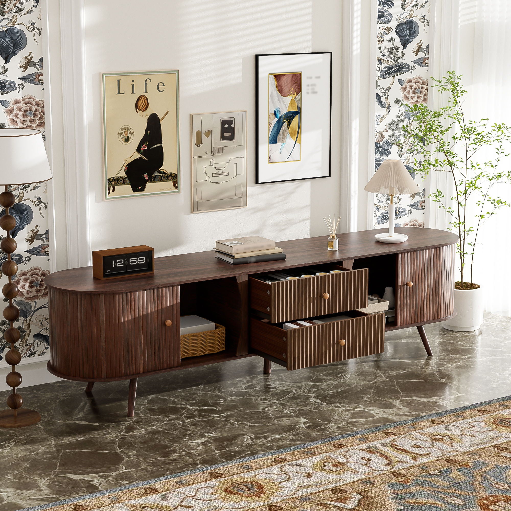 70" TV Stand With Tambour Doors And Fluted Drawers - Dark Brown