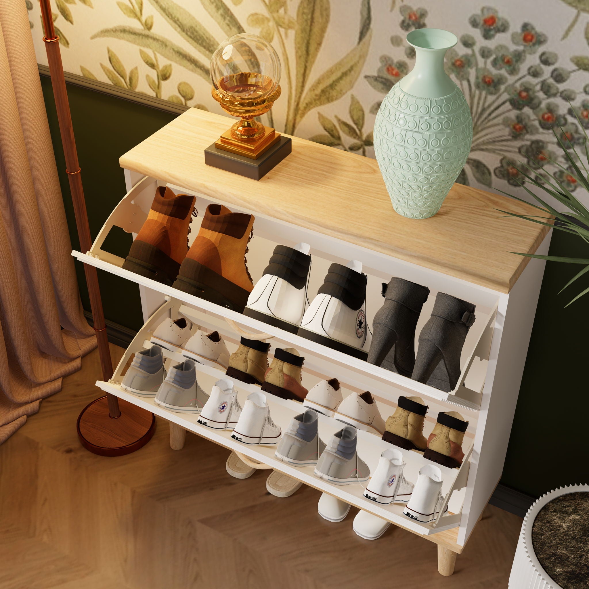 Narrow - Entryway Shoe Storage Cabinet With 2 Flip Drawers Legs - Natural / White