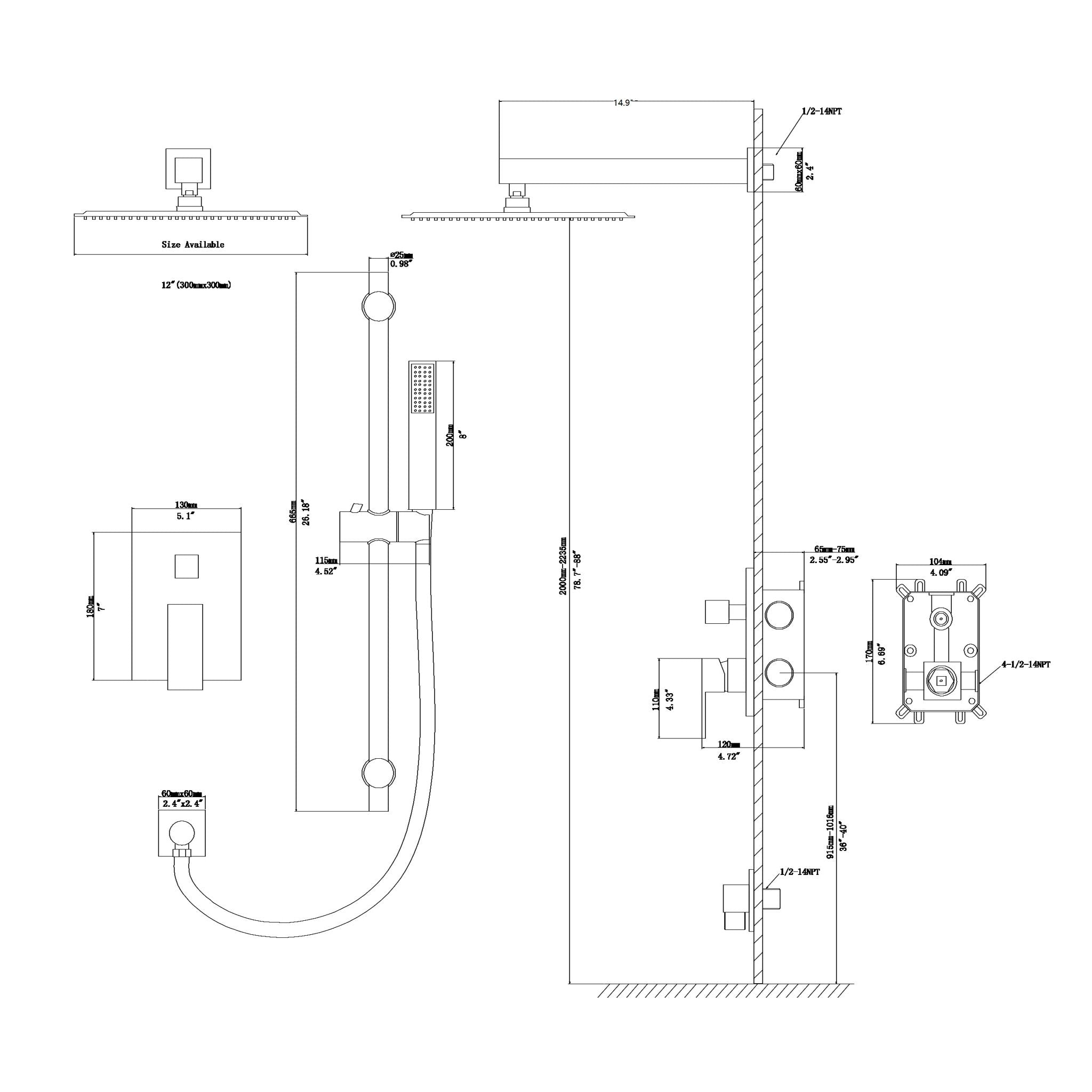 Wall Mounted Shower System With Adjustable Slide Bar And Rough In Valve, 12" Square Design - Brushed Nickel