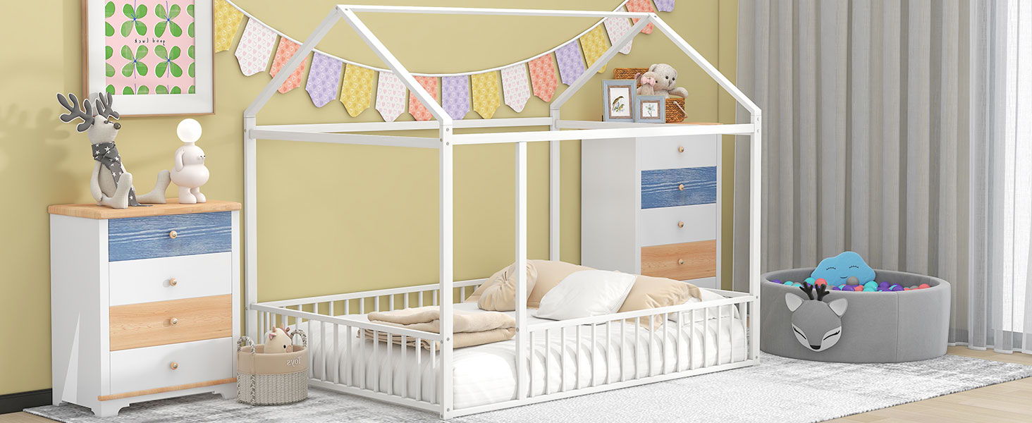 Metal Bed House Bed Frame With Fence