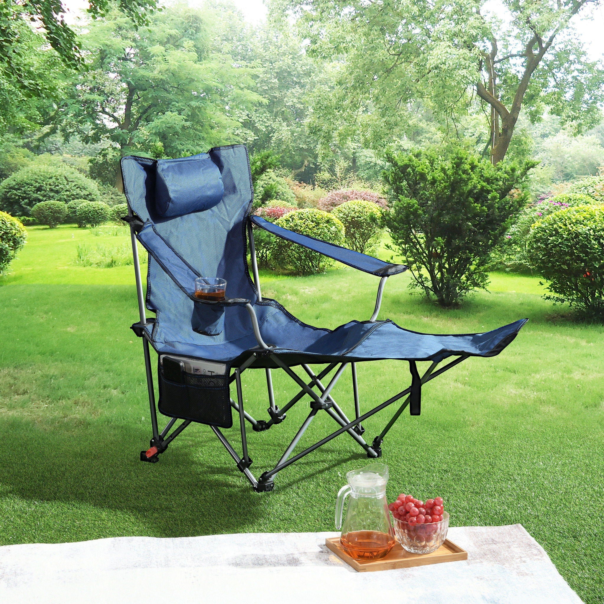 Outdoor Camping Chairs Folding Portable Adjustable Reclining Chair With Side Pockets & Cup Holder - Dark Blue