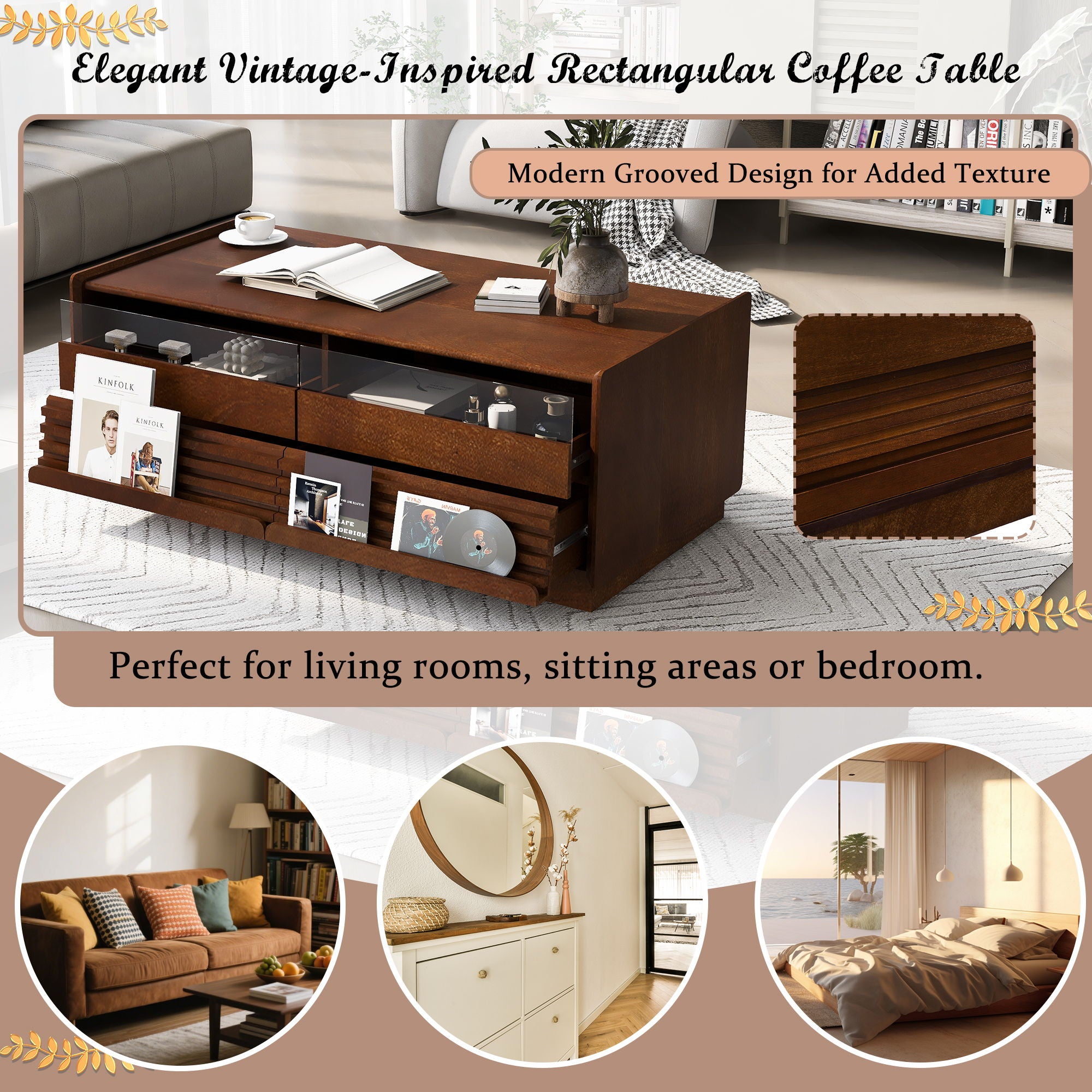 Modern Rectangle Coffee Table With 4 Drawers And 2 Display Shelves