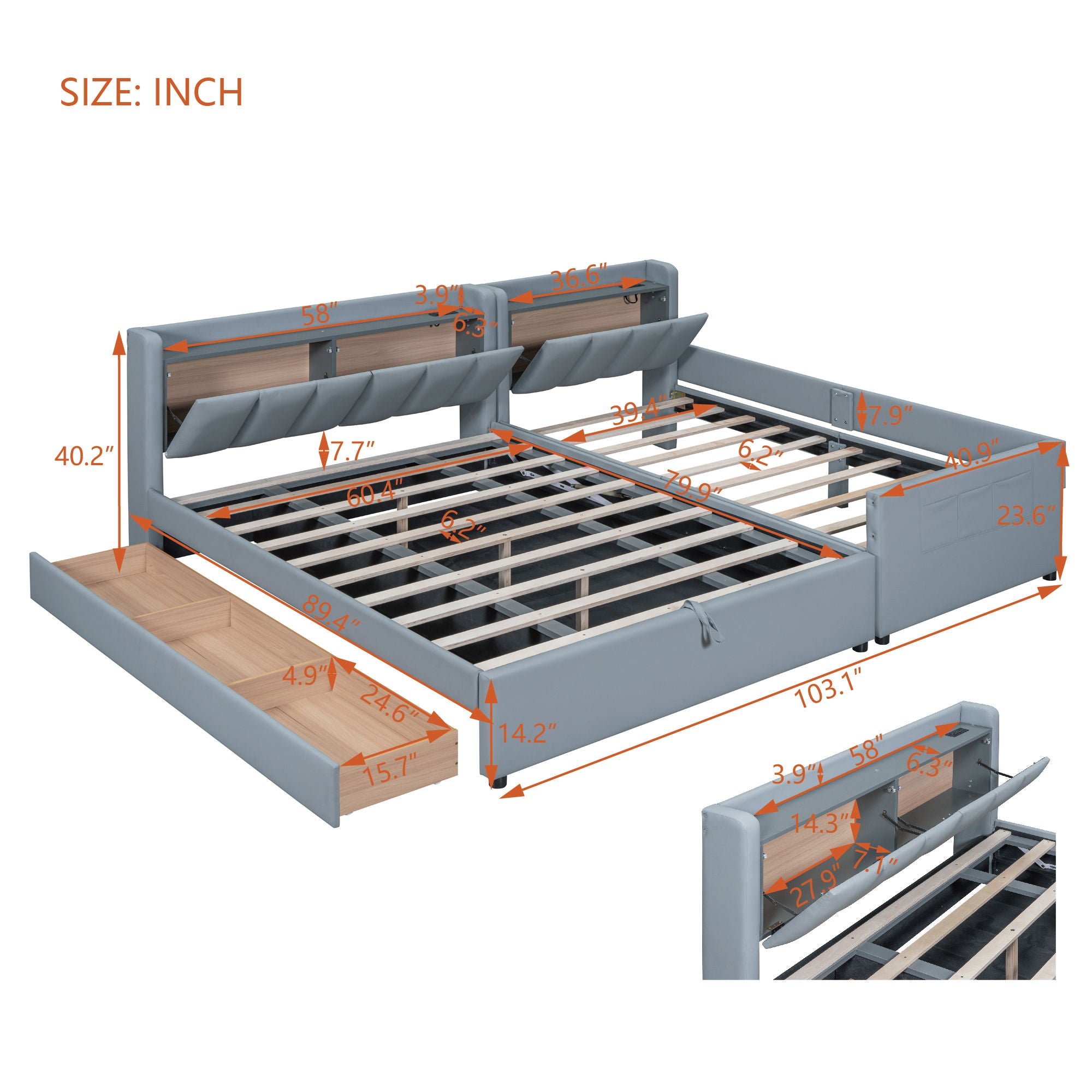 Upholstered Mother & Child Bed With Hydraulic Storage System, Drawer Box, Bedhead Storage Shelf And 2 Pairs Of Sockets & USB Ports