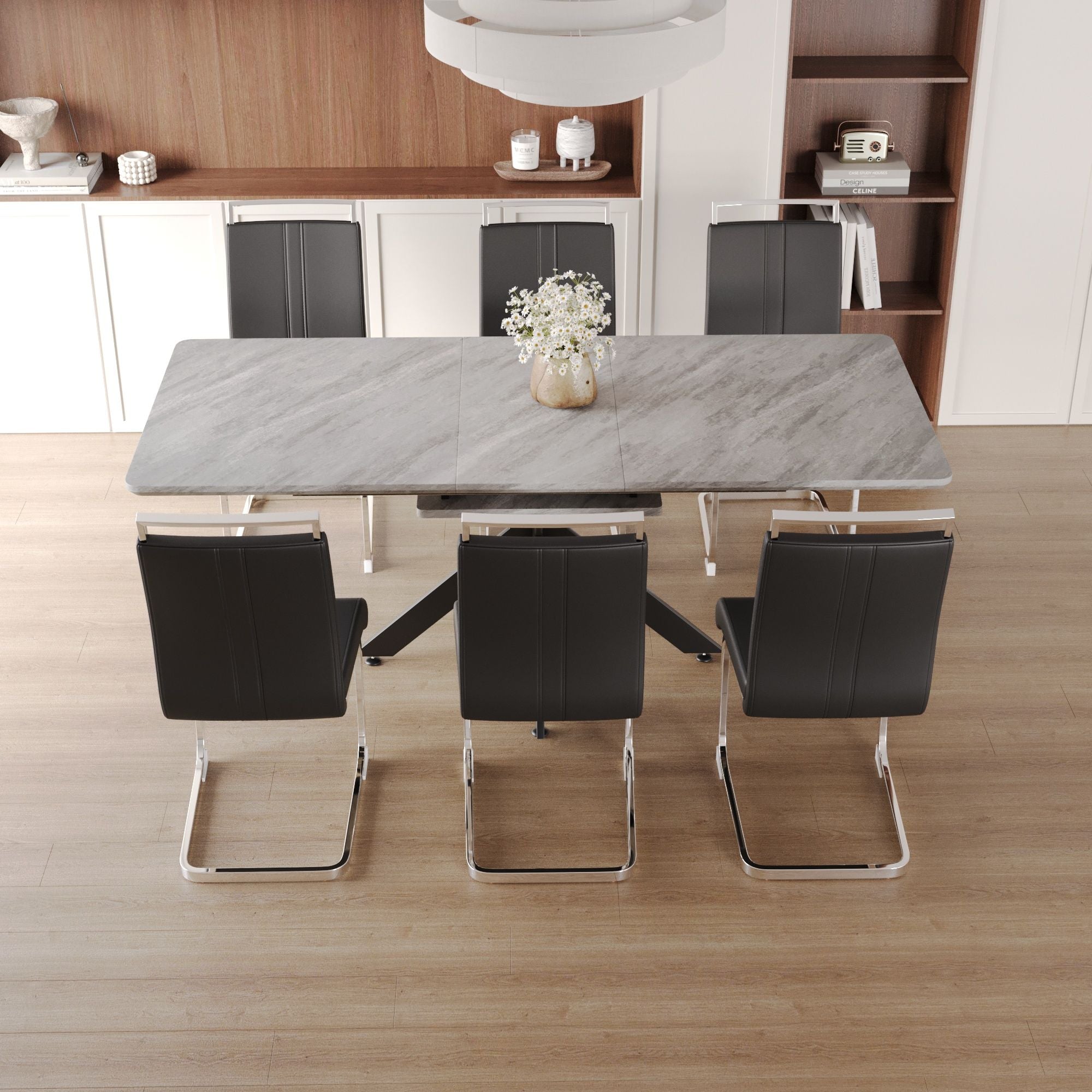 Modern Extendable Dining Table Set For 6 - 8 - Black / Gray