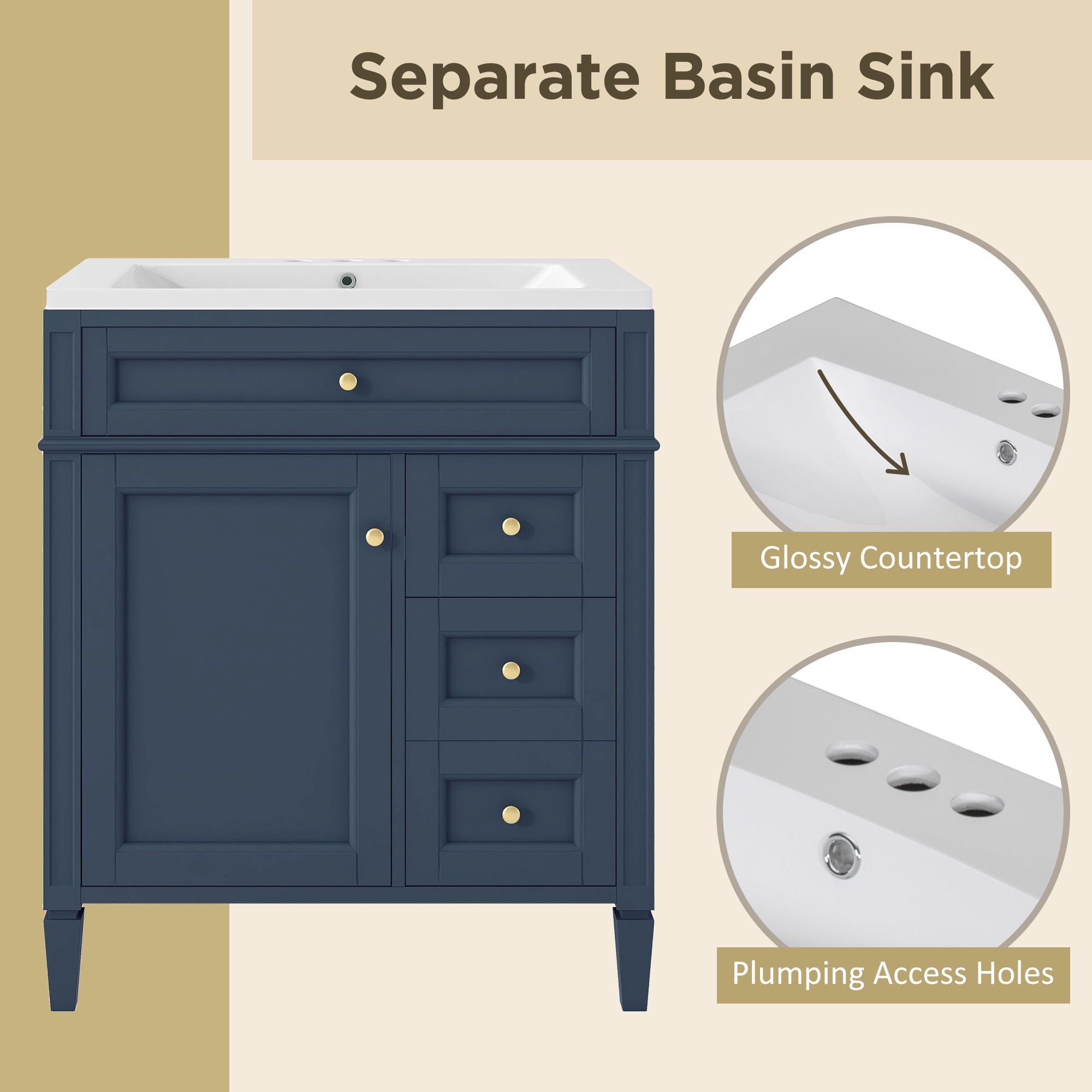Bathroom Vanity With Top Sink, 2 Drawers And Tip Out Drawer, Rectangular Design