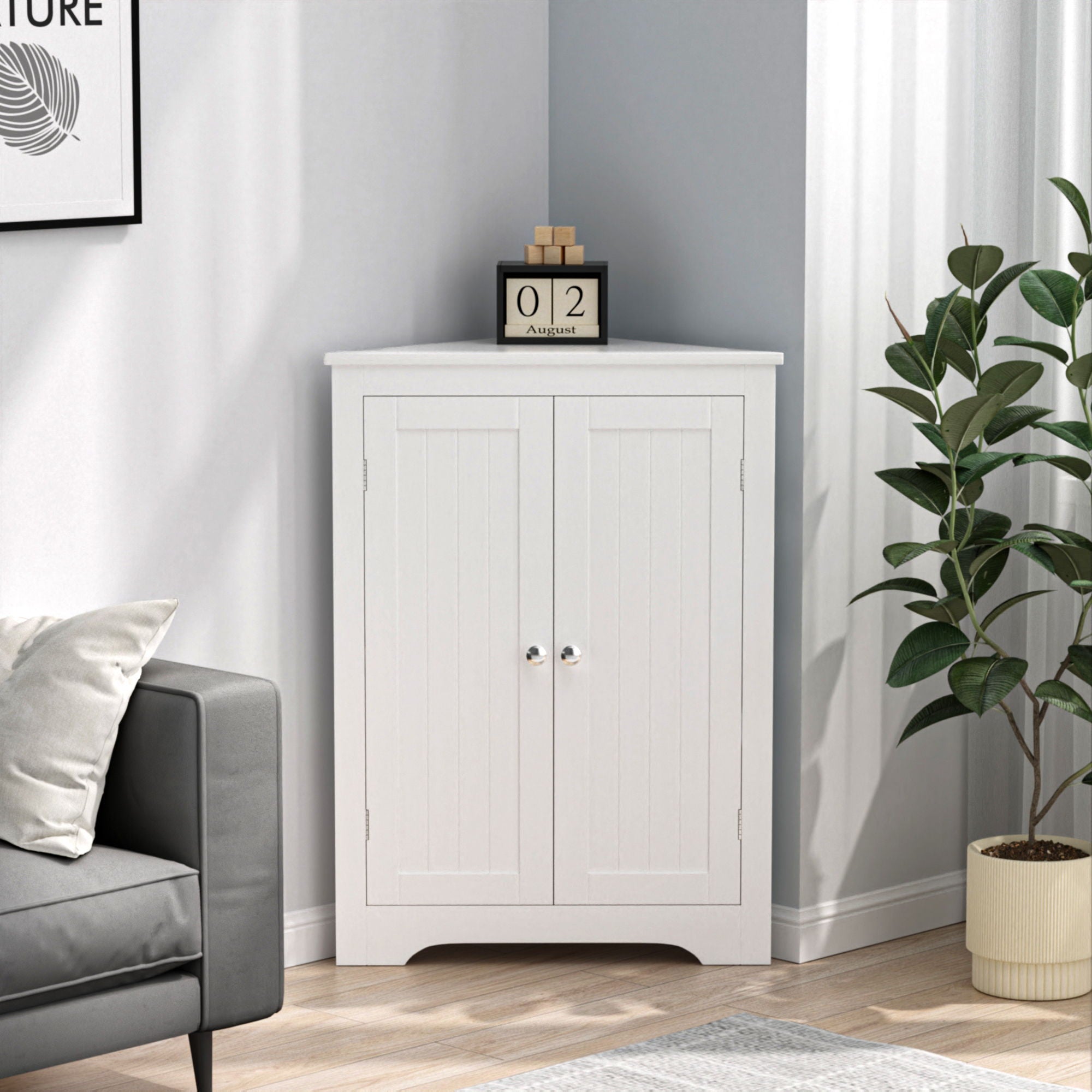 Corner Cabinet With 2 Doors And Adjustable Shelves, Freestanding Narrow Storage Organizer For Bathroom - White