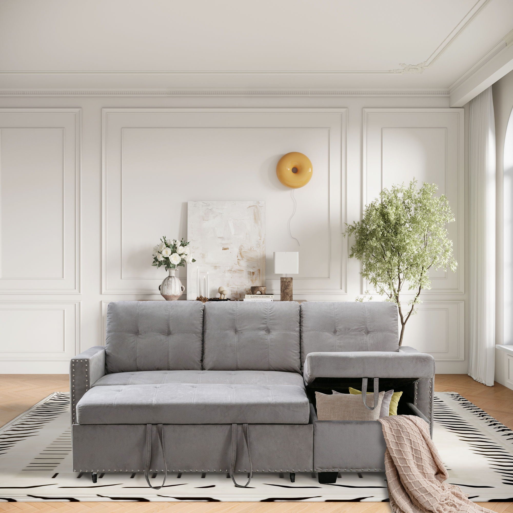 Reversible Sectional Storage Sleeper Sofa Bed, L-Shape 2 Seat Sectional Chaise With Storage, Skin-Feeling Fabric