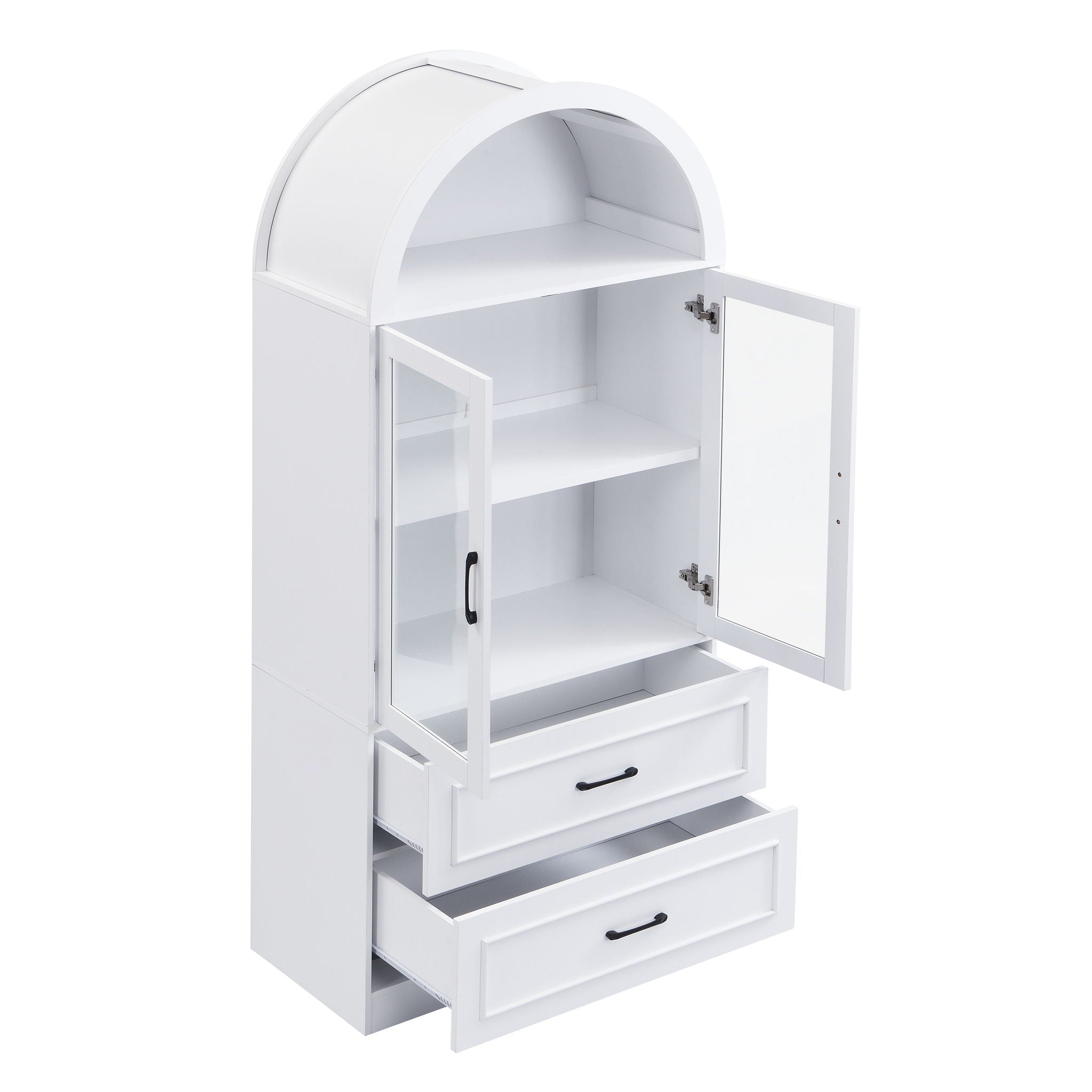 Arched Top Storage Cabinet With Fixed 2 Tier Shelves, 2 Large Drawers