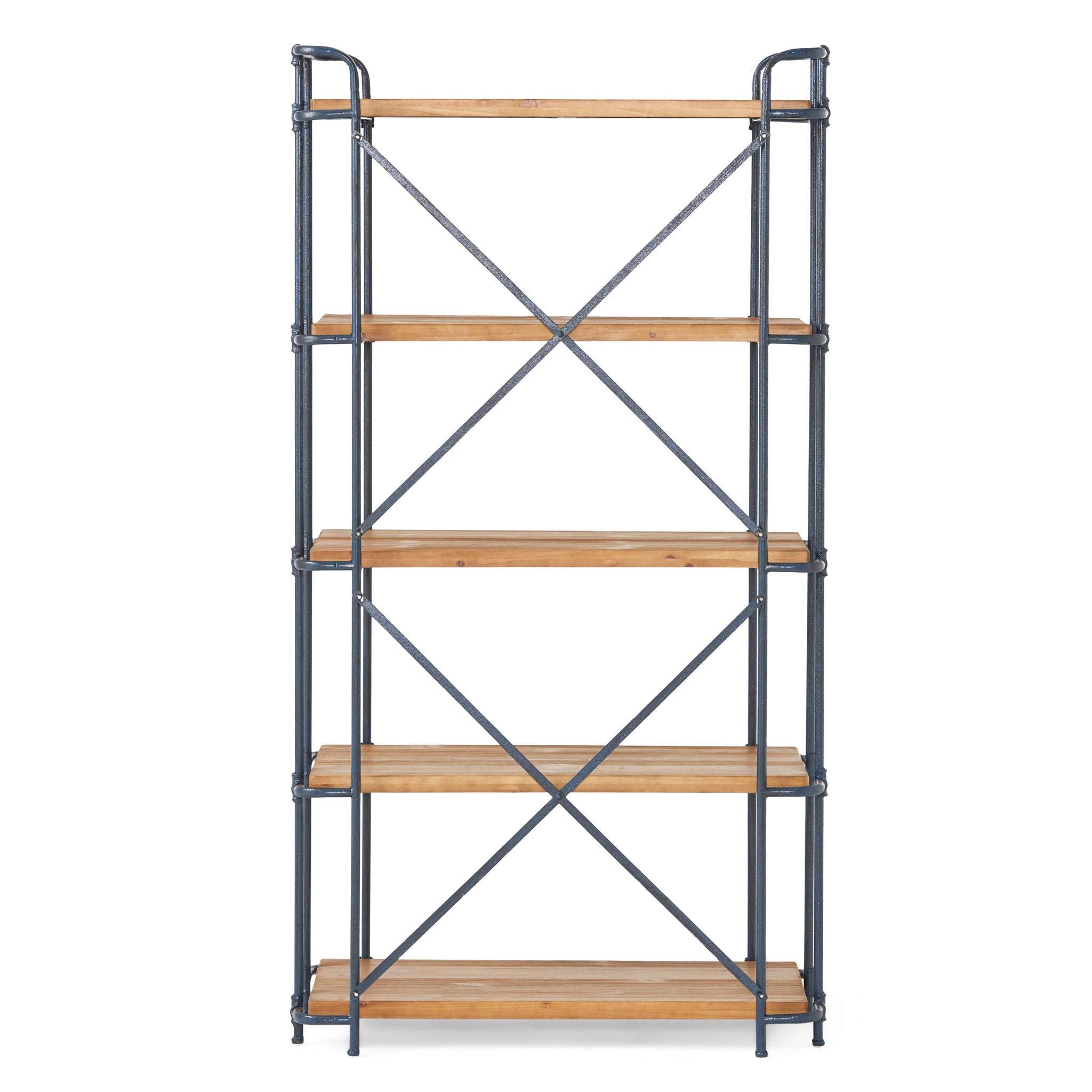 Yorktown - Industrial 5 Shelf Bookcase With Metal Pipework And Solid Fir - Natural