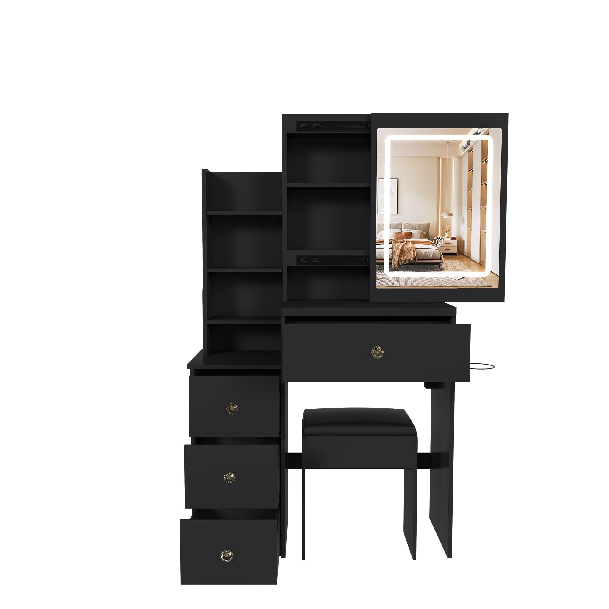 Vanity Desk With 3 LED Lighting Modes, 4 Drawers, Open Shelves, Hair Dryer Holder & Power Socket Dressing Table Set With Chair - Black