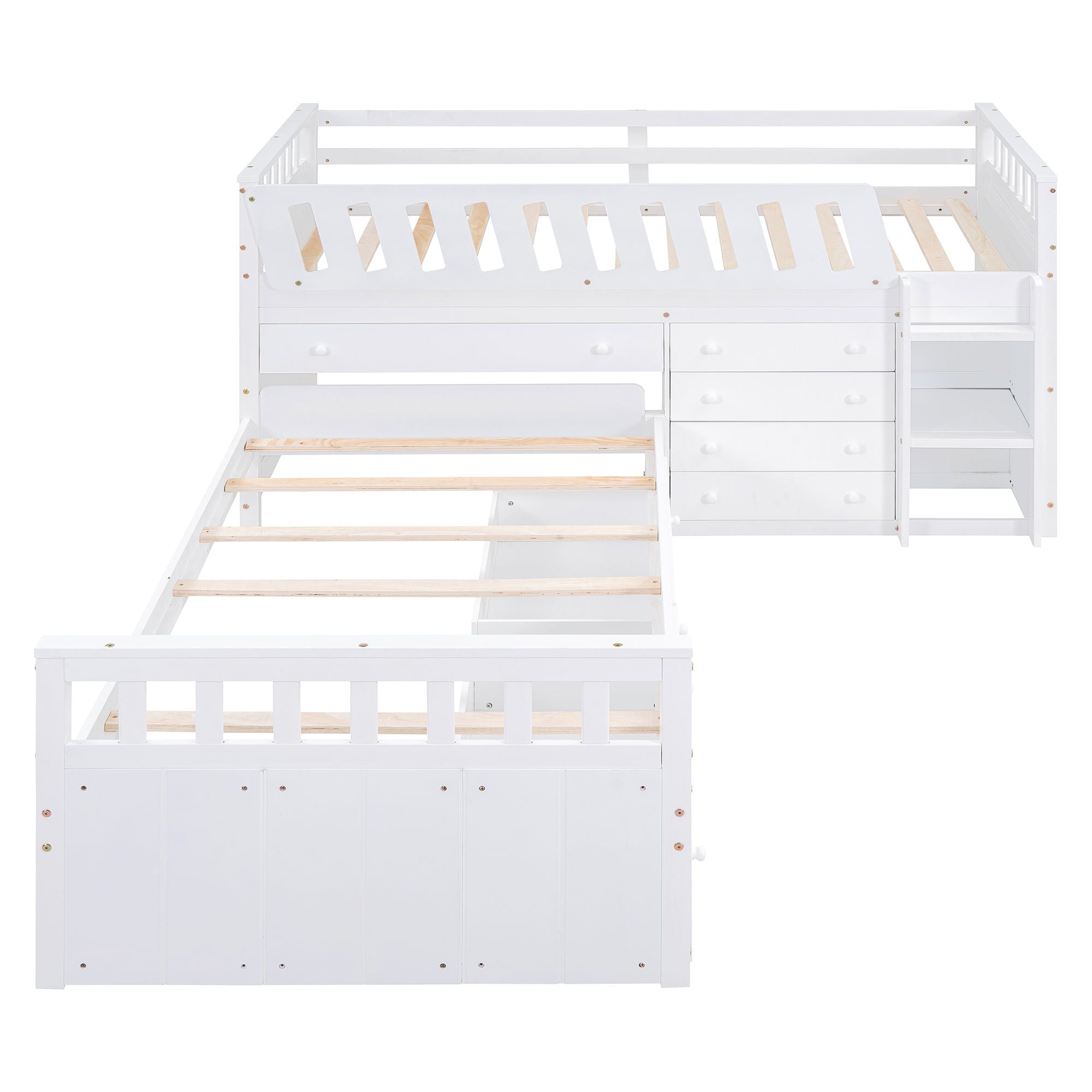 Loft Platform Bed With 7 Drawers And Full Guardrails, Modern L Shaped Space Savin