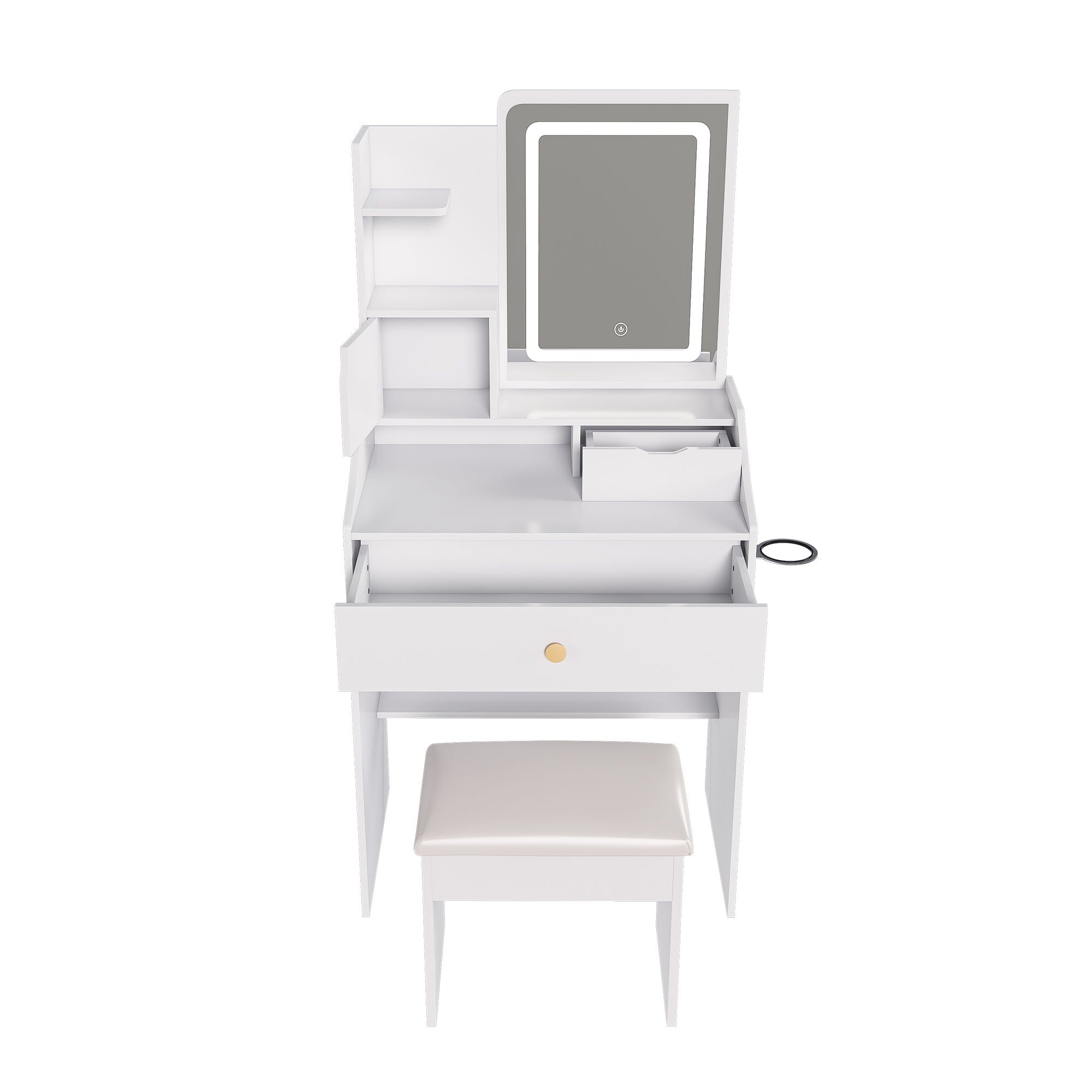 LED Vanity Mirror With Stool, 2 Drawers & 5 Storage Cabinets, Adjustable Lighting Mdf Dressing Table For Bedroom - White