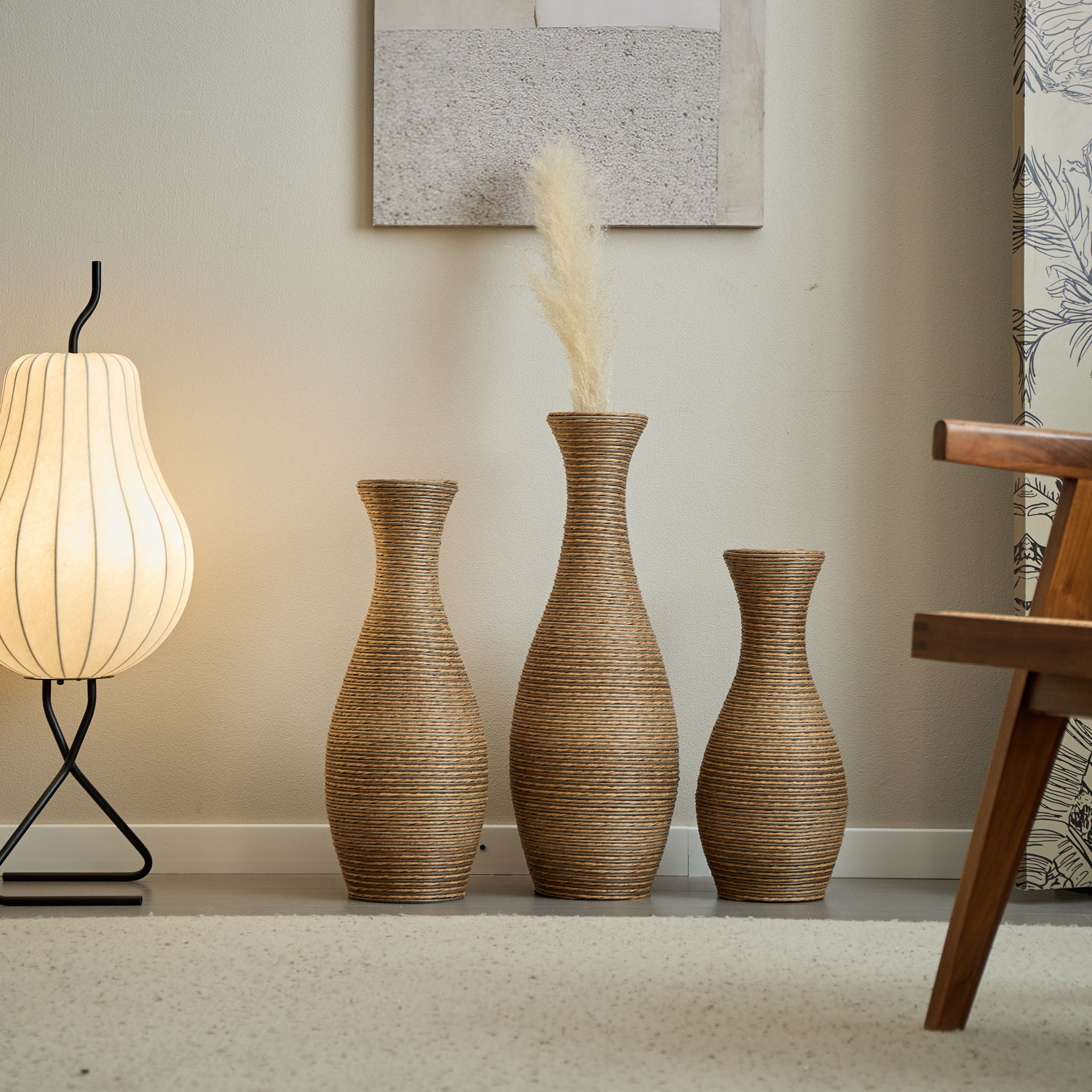 3 Piece Artificial Rattan Floor Vase Set Decorative Accent For Living Room, Hallway & Entryway, Ideal For Dried Or Silk Flower Arrangements - Beige