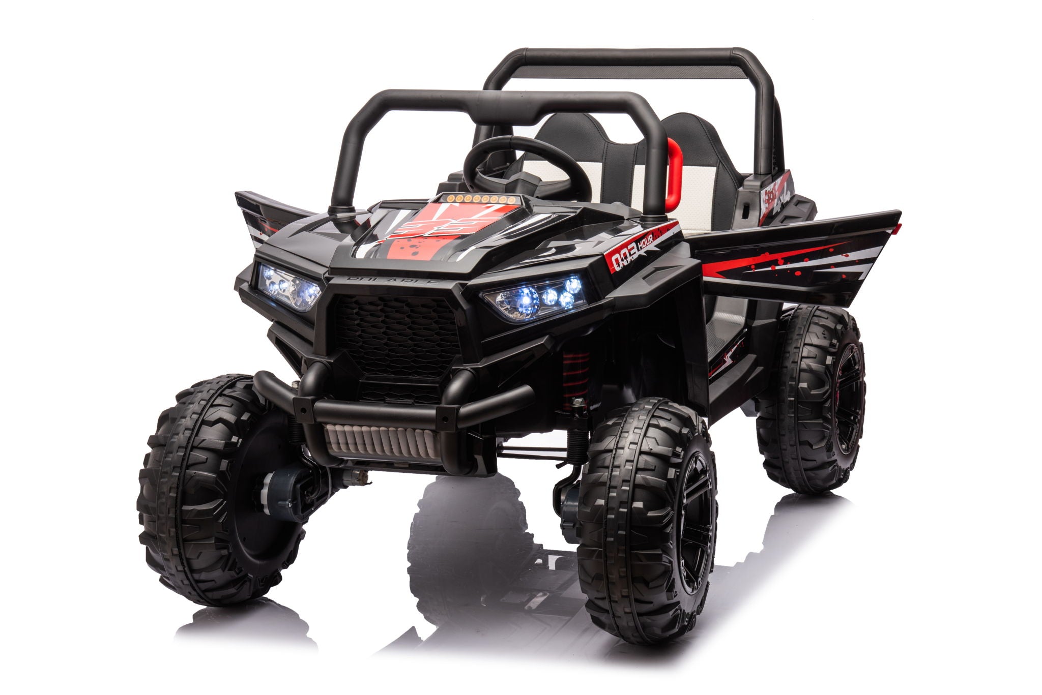12V7A*1 30W*4 Four-Wheel Drive Seat One Button Start, Forward And Backward, High And Low Speed, Music, Front Light, Power Display, Two Doors Can Open, 2.4G R / C, Seat Belt Four Wheel Absorber