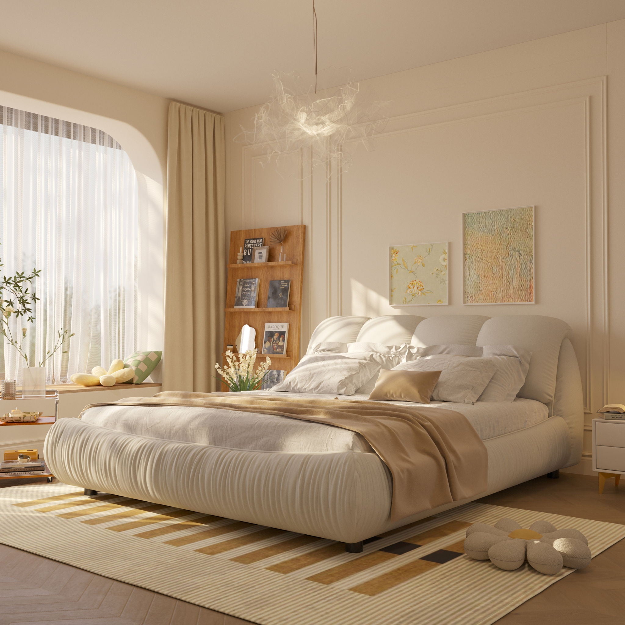Luxury Upholstered Platform Bed With Oversized Padded Backrest And Solid Wood Frame