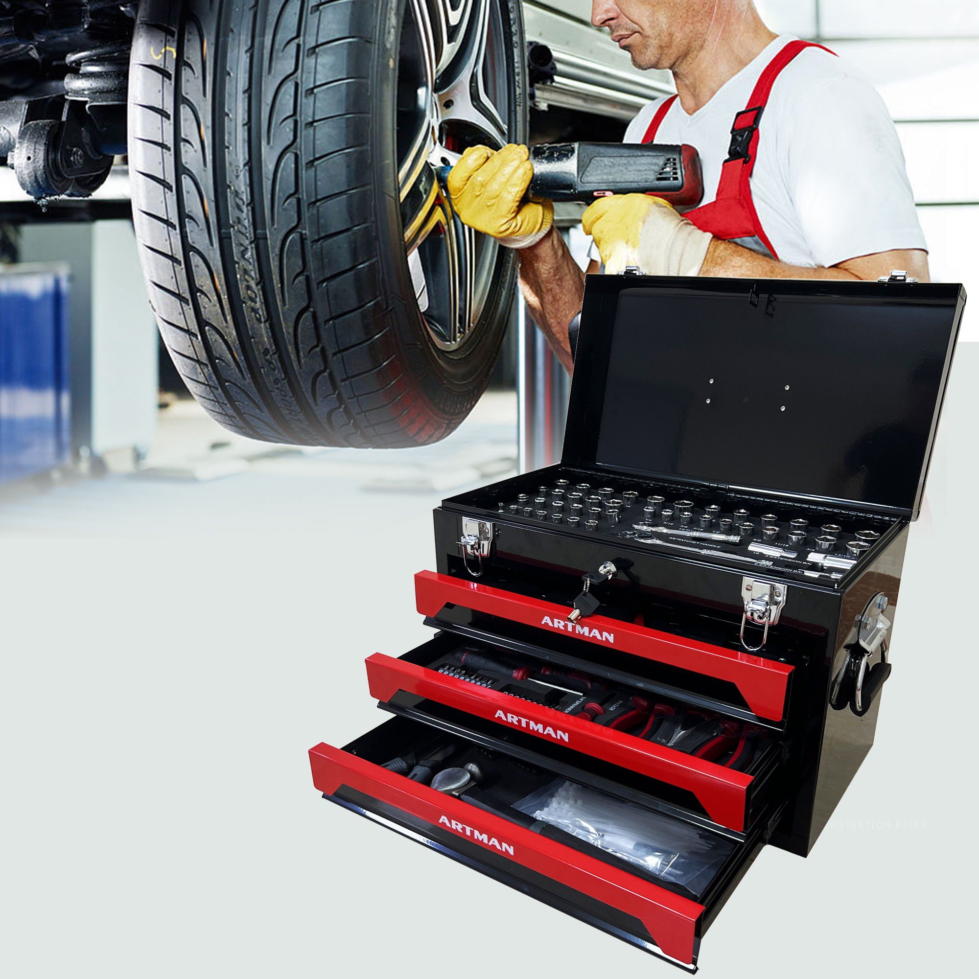 Portable 3 Drawer Steel Toolbox, 4 Layers Of Tools With Metal Latches, With Storage Tray And Carrying Handle