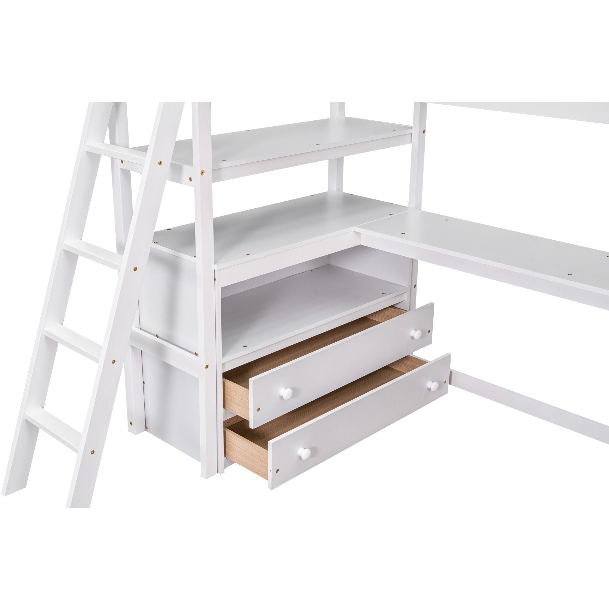 Modern Loft Bed With Built In Desk, Shelves, And 2 Drawers