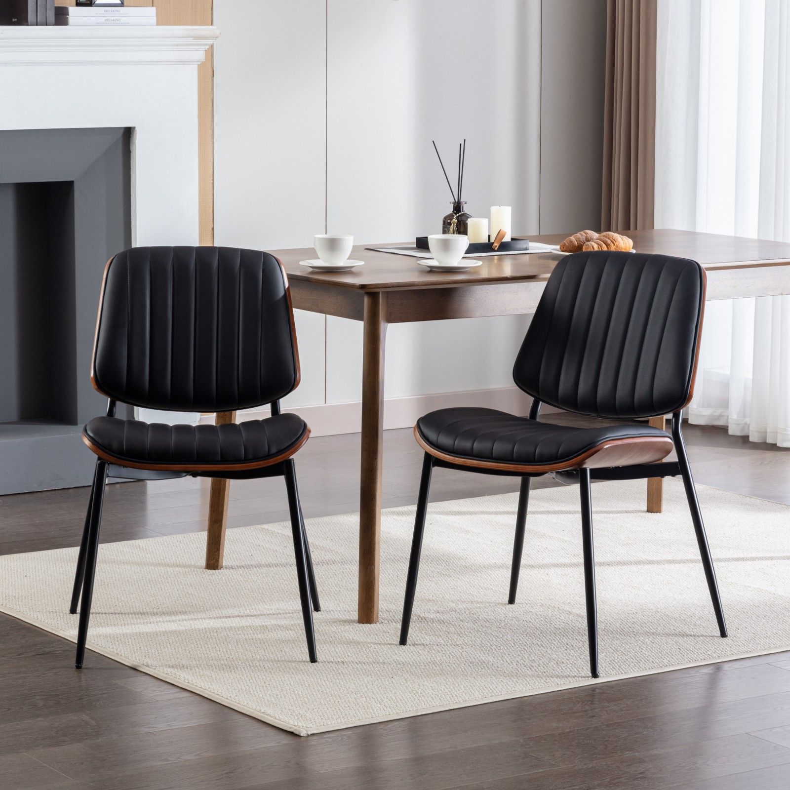 Dining Chairs (Set of 2) Mid-Century Modern Retro Chair With Walnut Bentwood Back Upholstered Seat Metal Legs Adjustable Foot For Kitchen Dining Room Chairs