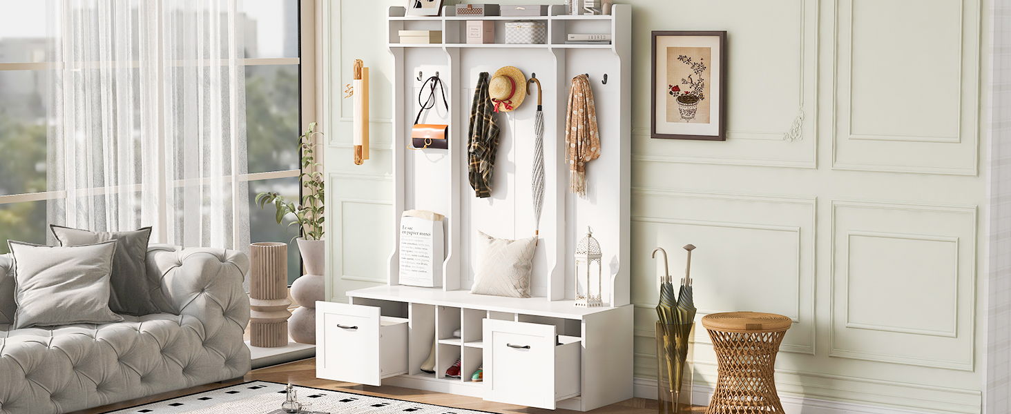 5 In 1 Entryway Bench With Coat Rack, 7 Sturdy Hooks, 2 Spacious Drawers And Adjustable Shelves