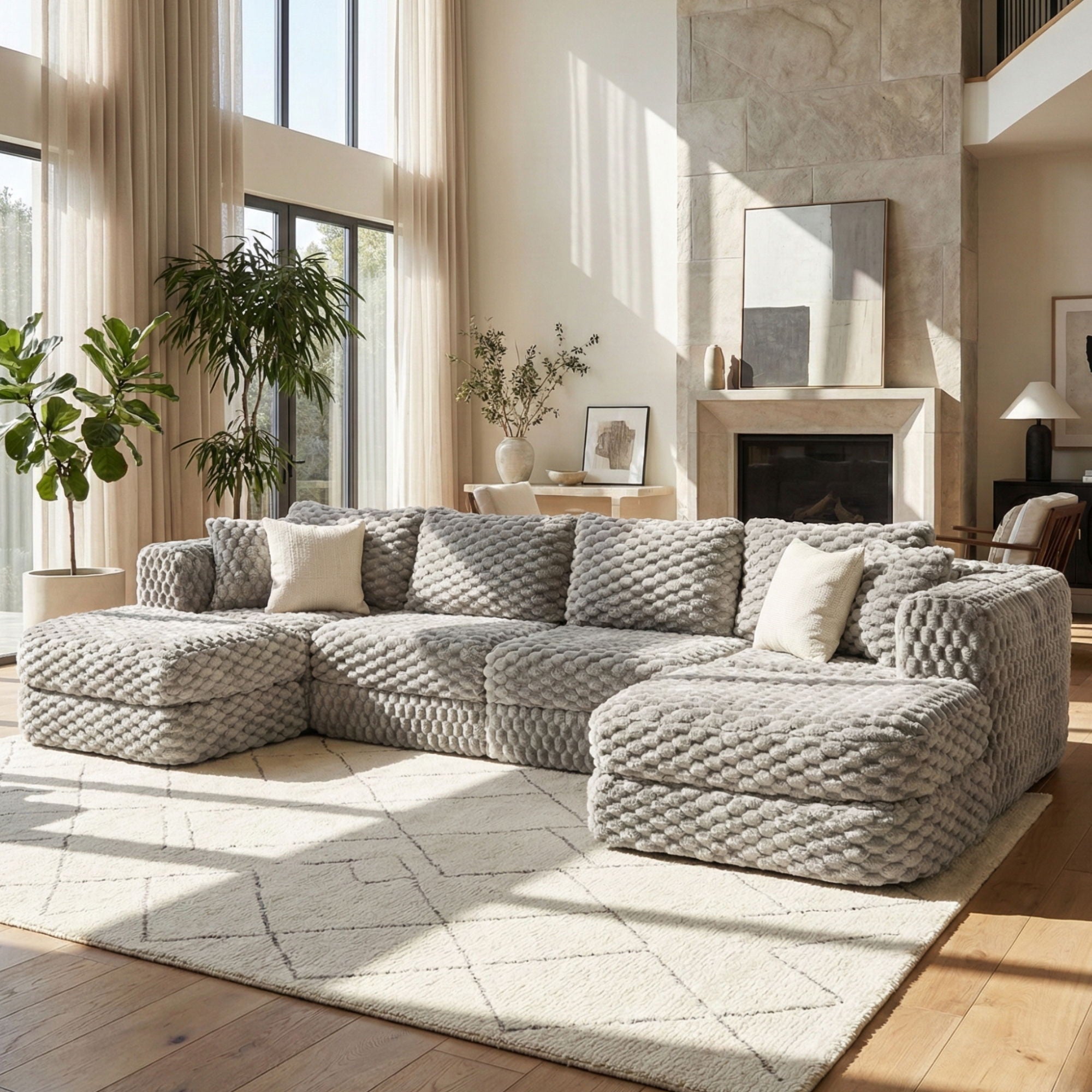 Modular Sectional Sofa, Boneless Couch With 2 Movable Ottomans