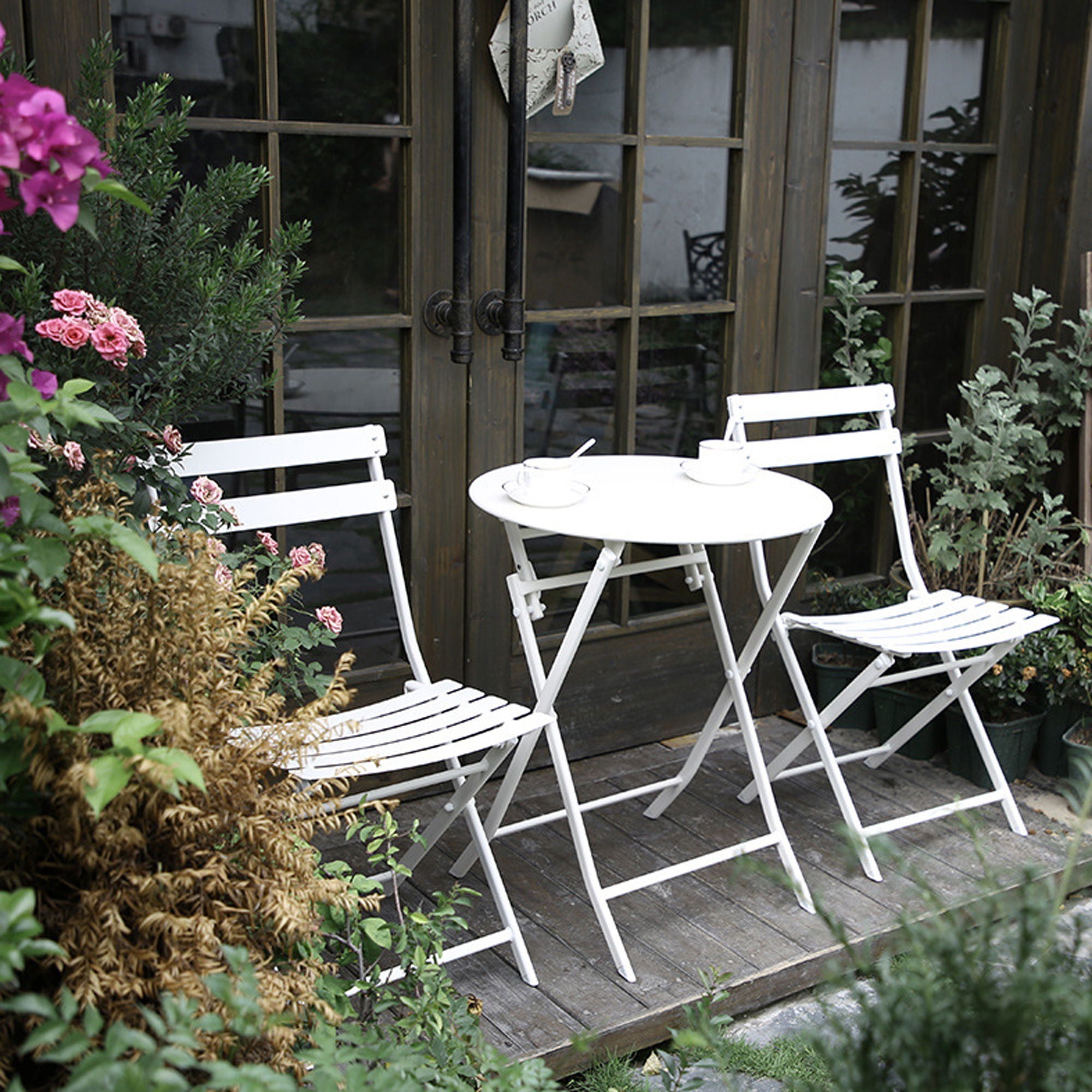 3 Piece Patio Bistro Set Of Foldable Round Table And Chairs
