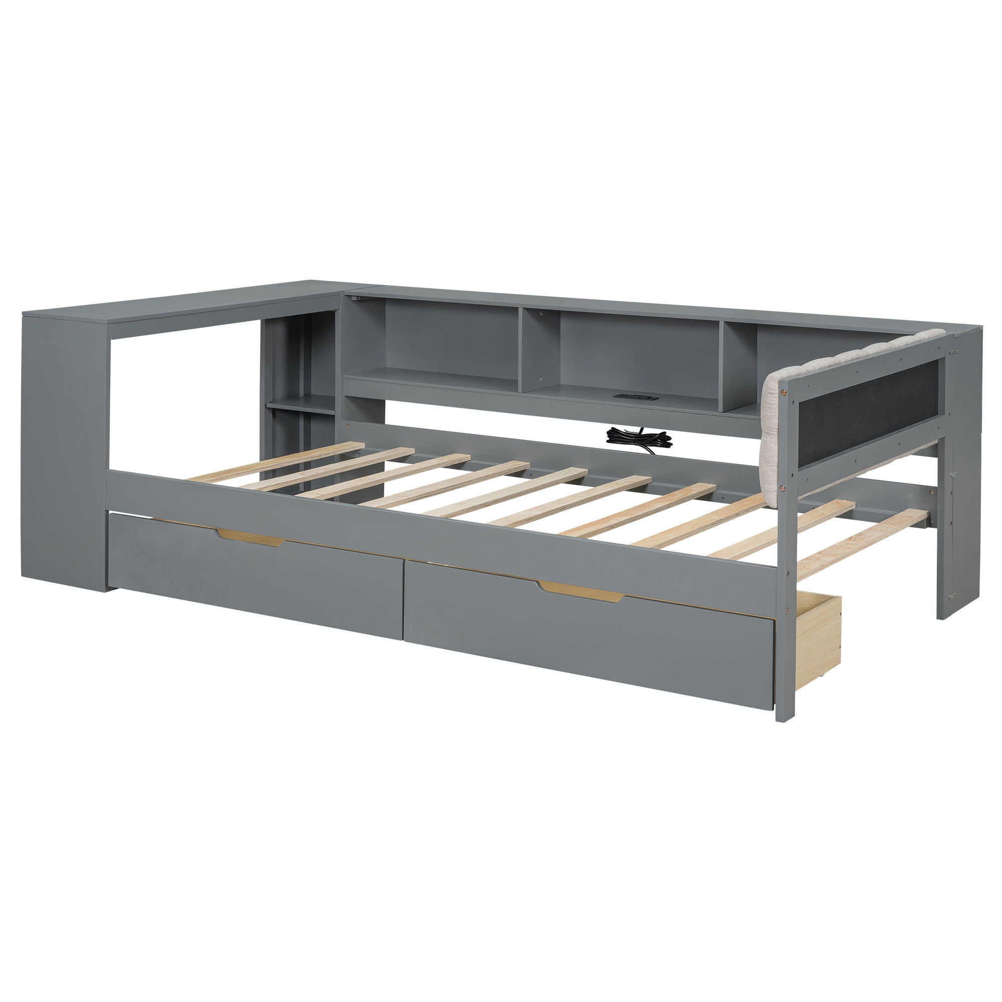 Upholstered Headboard Platform Bed With Storage Shelves, Drawers, Charging Station