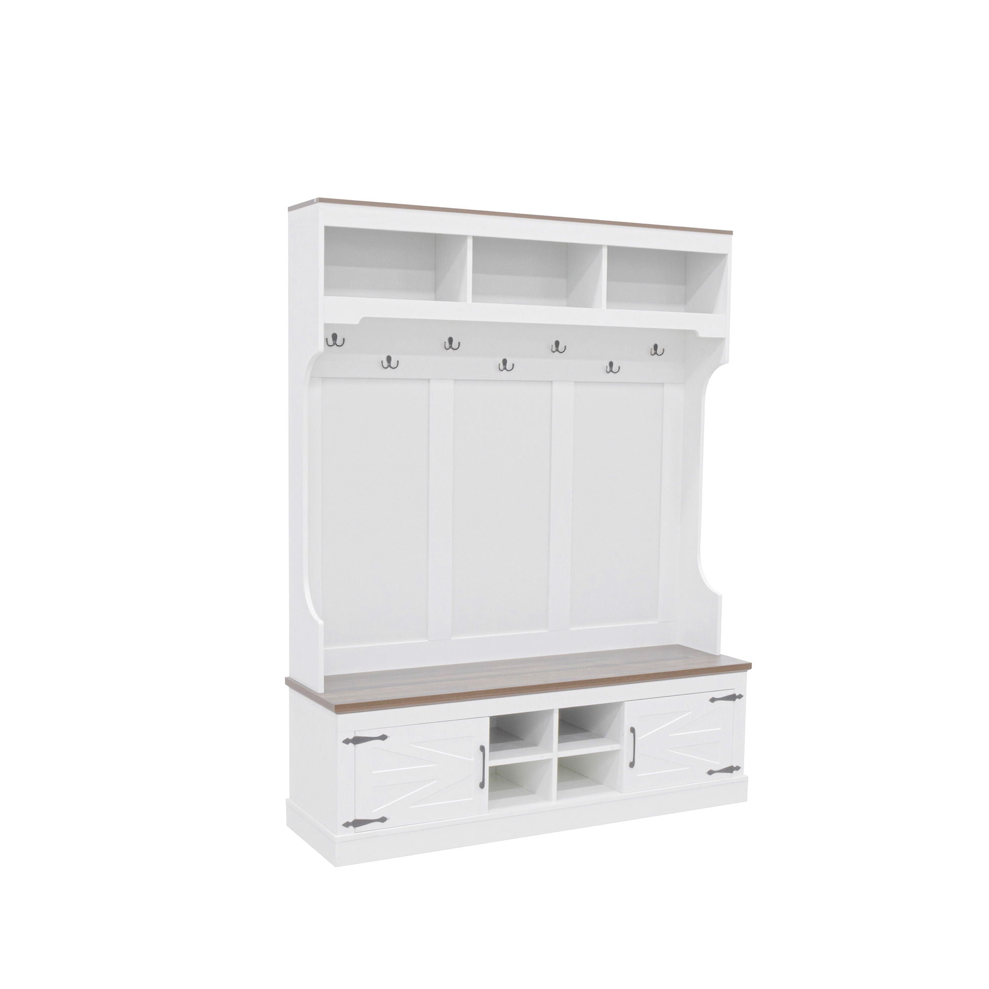 Hall Tree With Bench And Shoe Storage, 5 In 1 Entryway Organizer Cabinet With Coat Rack, 4 Shoe Cubbies & 7 Hooks - White