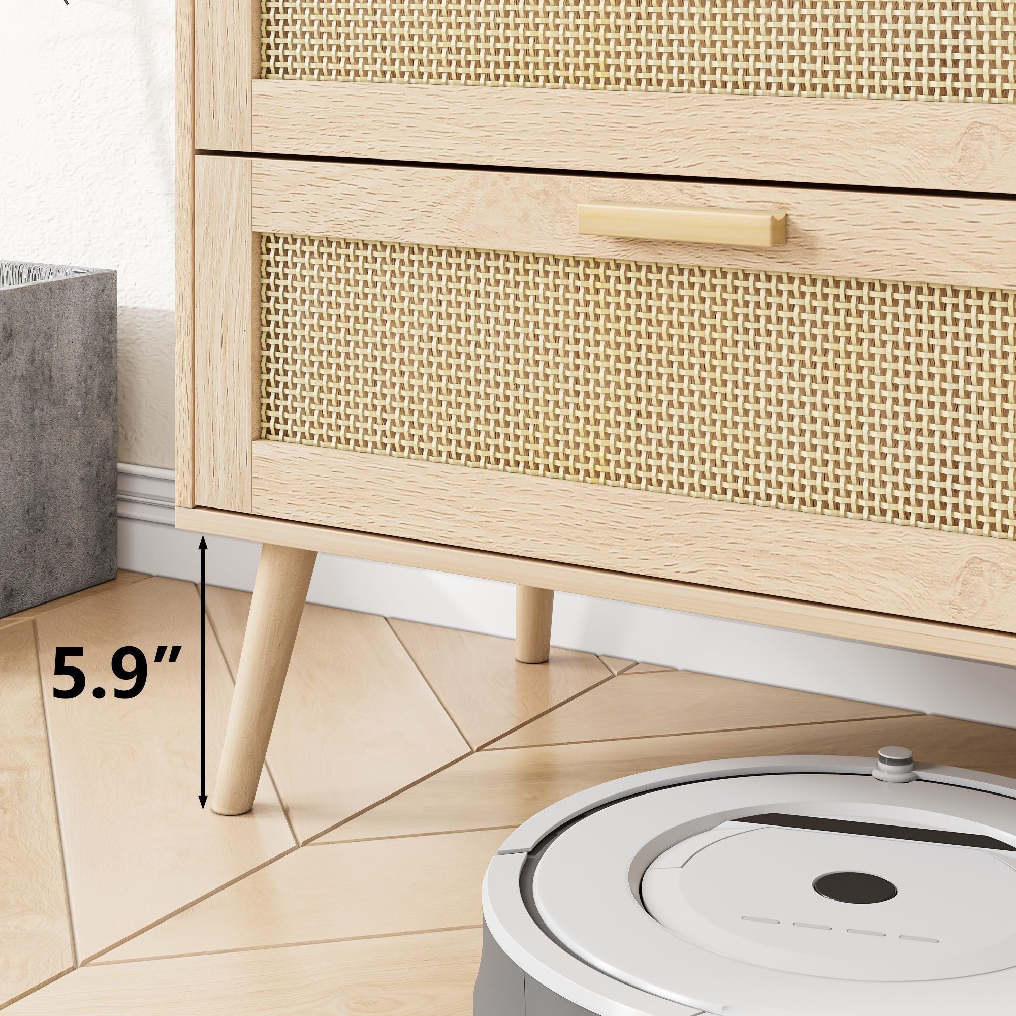 Rattan 6 Drawers Chest Of Dressers For Bedroom, Modern 6 Drawer Dresser, Wide Chest Of Drawers With Wood Handles, Rattan Dresser Storage Cabinet For Living Room, Bedroom, Hallway - Natural Wood / Oak