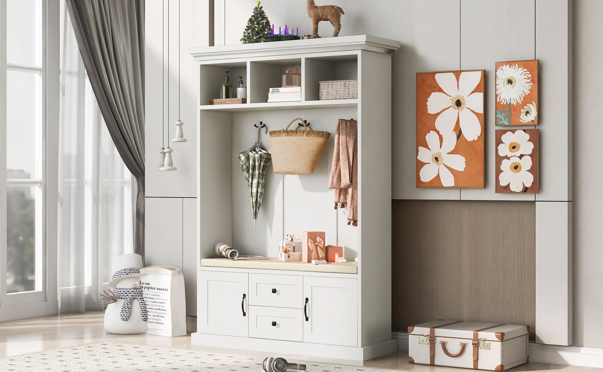 Hall Tree With 3 Hooks, Coat Hanger, Entryway Bench, Storage Bench, 3 In 1 Design