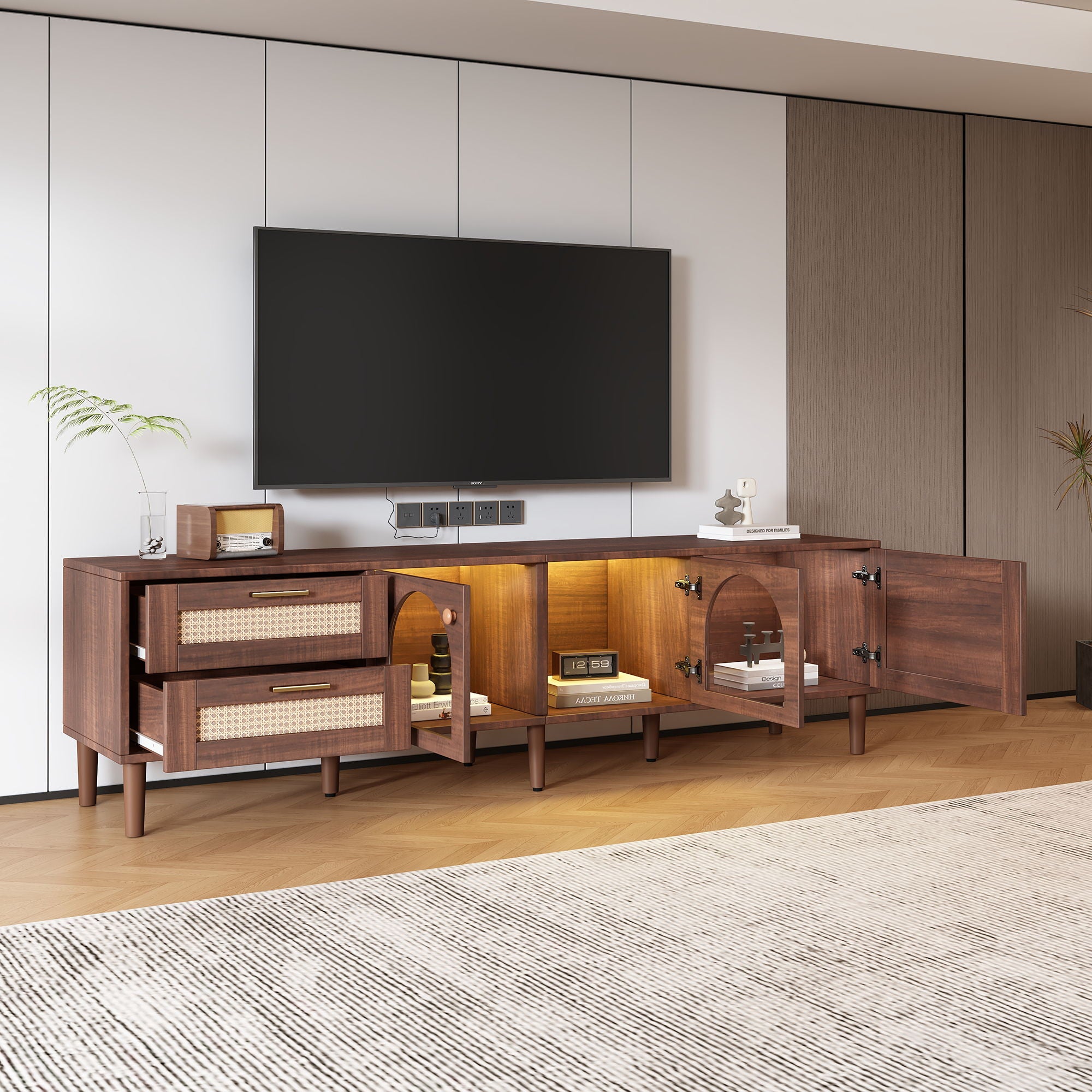 TV Stand With 3 Cabinets & 2 Drawers, LED Light Media Console For TVs Up To 80" - Dark Brown
