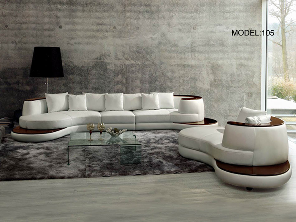 Divani Casa Rodus - Modern White Leather Curved Sectional Sofa with Wood Trim