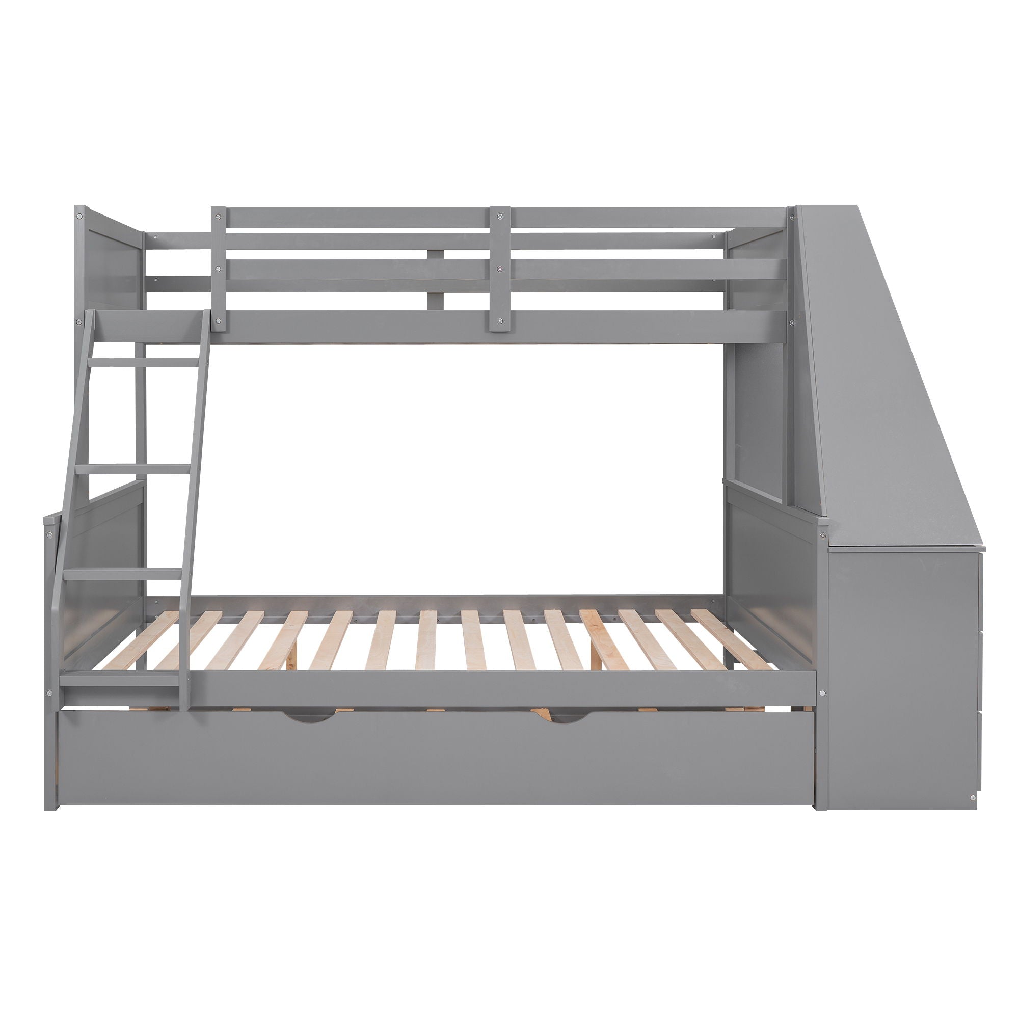 Bunk Bed With Trundle And Built In Desk, 3 Storage Drawers And Shelf
