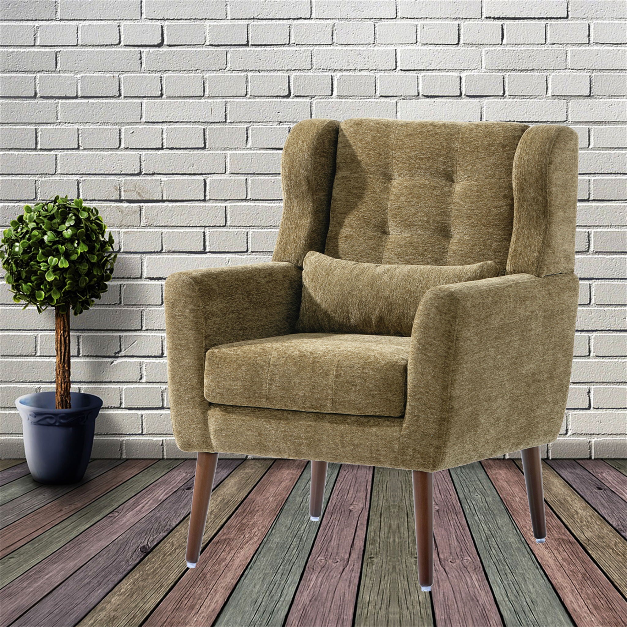 Modern Accent Chair, Arm Chairs For Living Room, Upholstered Mordern Armchair, Comfy Soft Padded Lounge Chair In Small Space, Bedroom, With Pillow, Solid Wood Leg