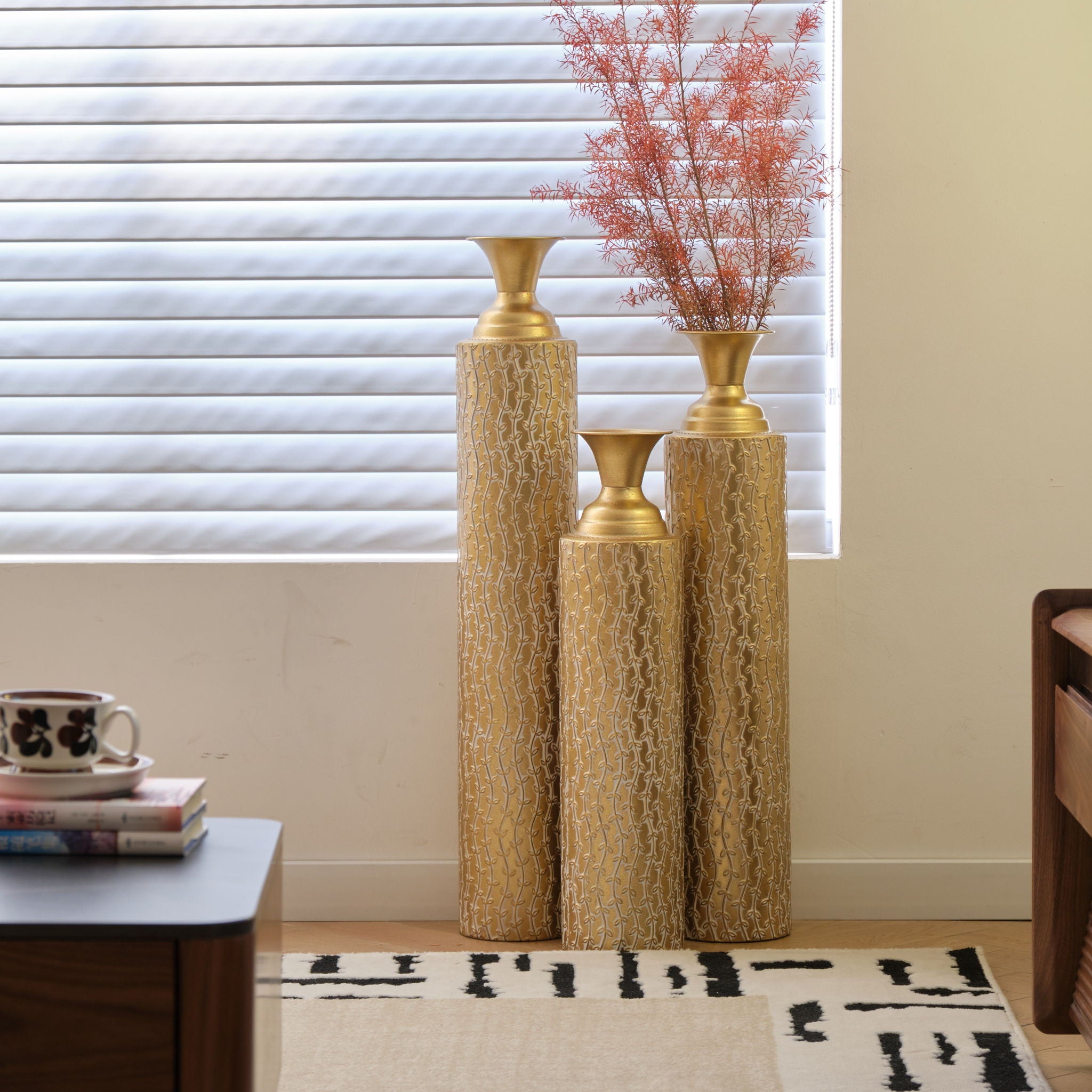 Metal Decorative Vases High Distress Metal Center Vases With Growing Vine Patterns, (Set of 3) Vases For Home Decoration - Gold