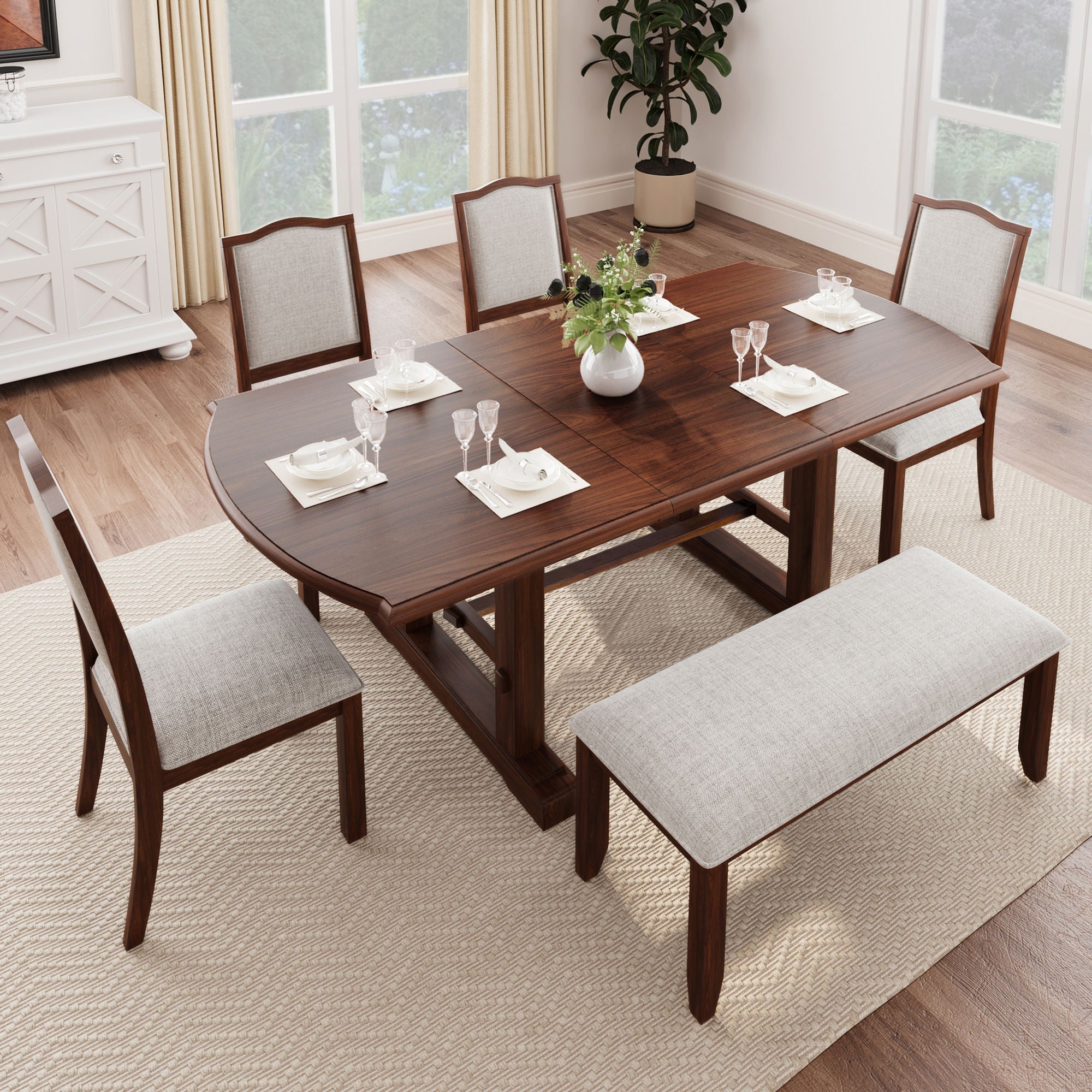 6 Piece Extendable Dining Table Set, Wood Table With Removable Leaf, 4 Upholstered Chairs And Bench - Cherry