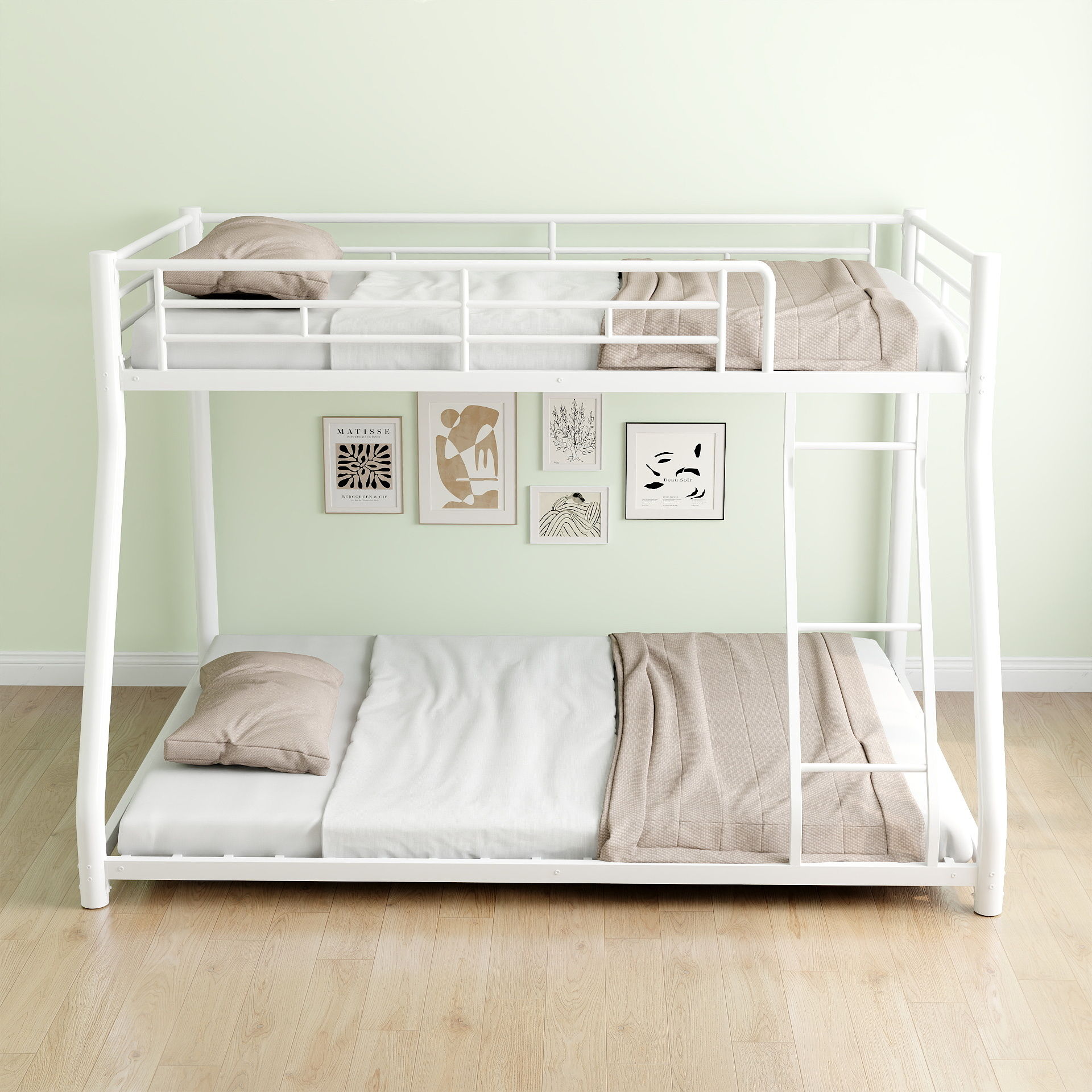Bunk Bed Frame With Ladder And Guardrail, Heavy Duty Noise Free Design Metal Construction
