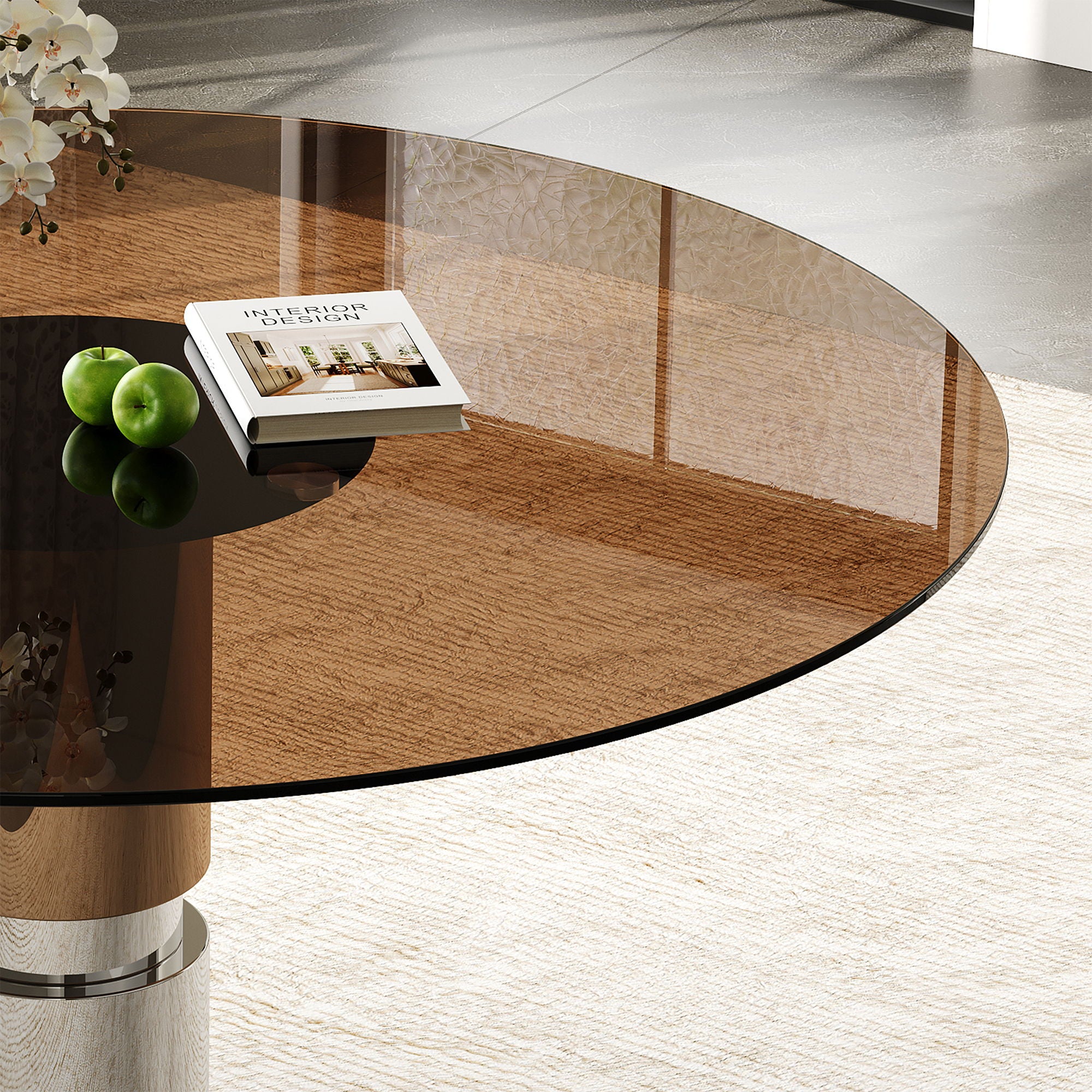 Round Dining Table & Tempered Glass Top - Brown