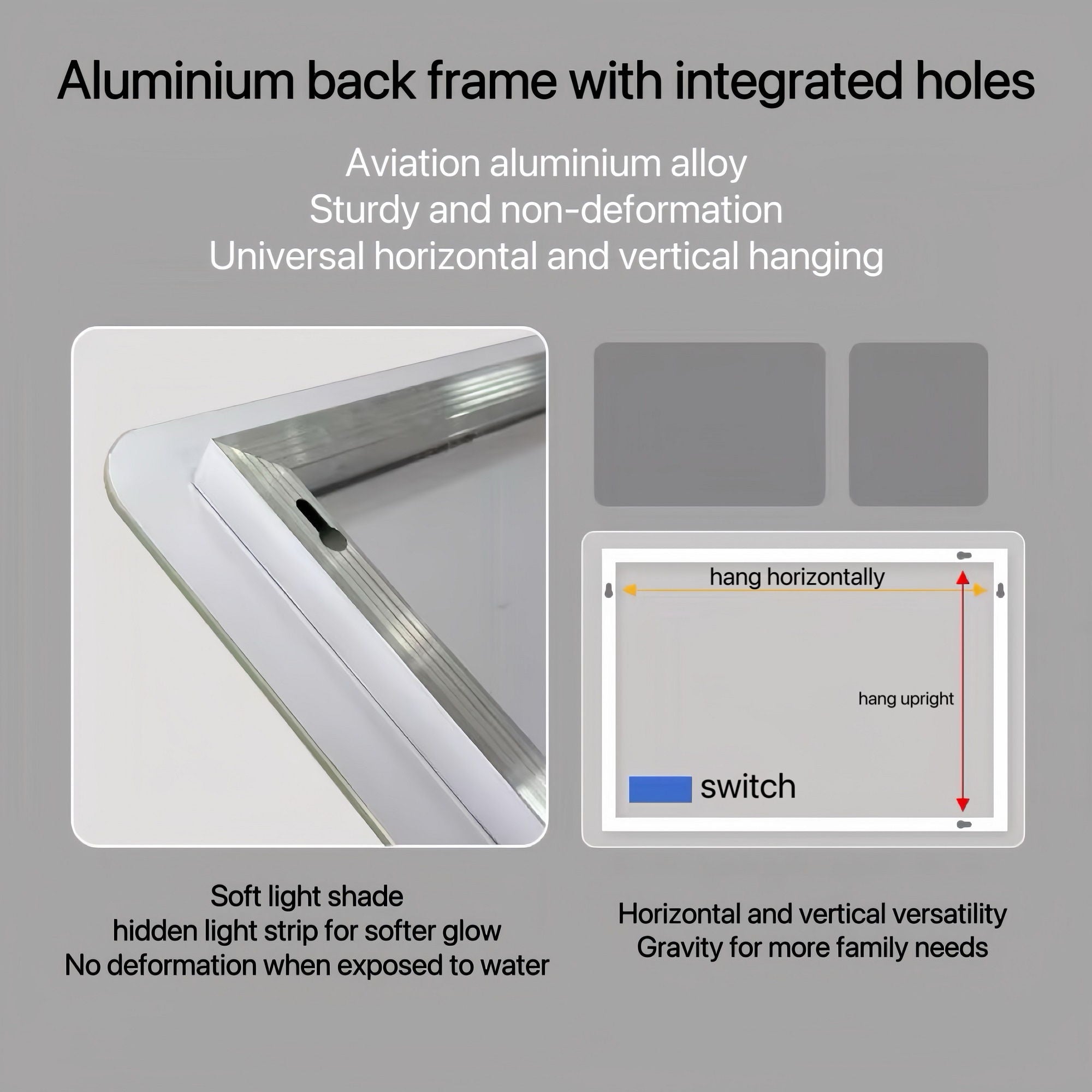 Bathroom Mirror Vanity Mirrors With Front Lights, Wall Mounted, Anti-Fog, Frameless, Horizontal Or Vertical