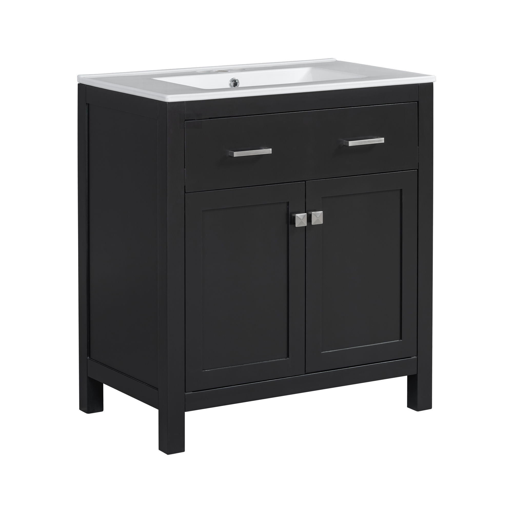 Bathroom Vanity With Ceramic Sink, Modern Single Bathroom Cabinet With 2 Doors And A Shelf, Soft Close Doors