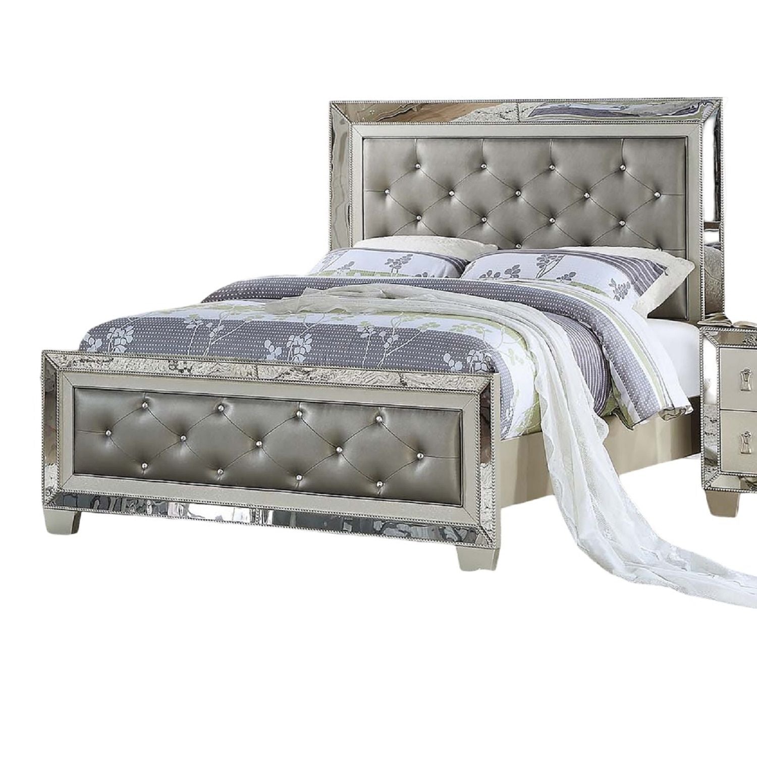 Glamorous Tufted Headboard Bed With Mirror Trim
