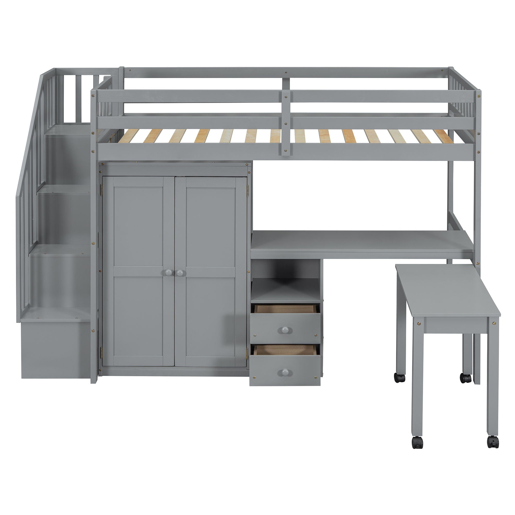 Loft Bed With Stairs, Bookshelf, Drawers, Desk & Wardrobe, Space Saving Multifunctional Furniture