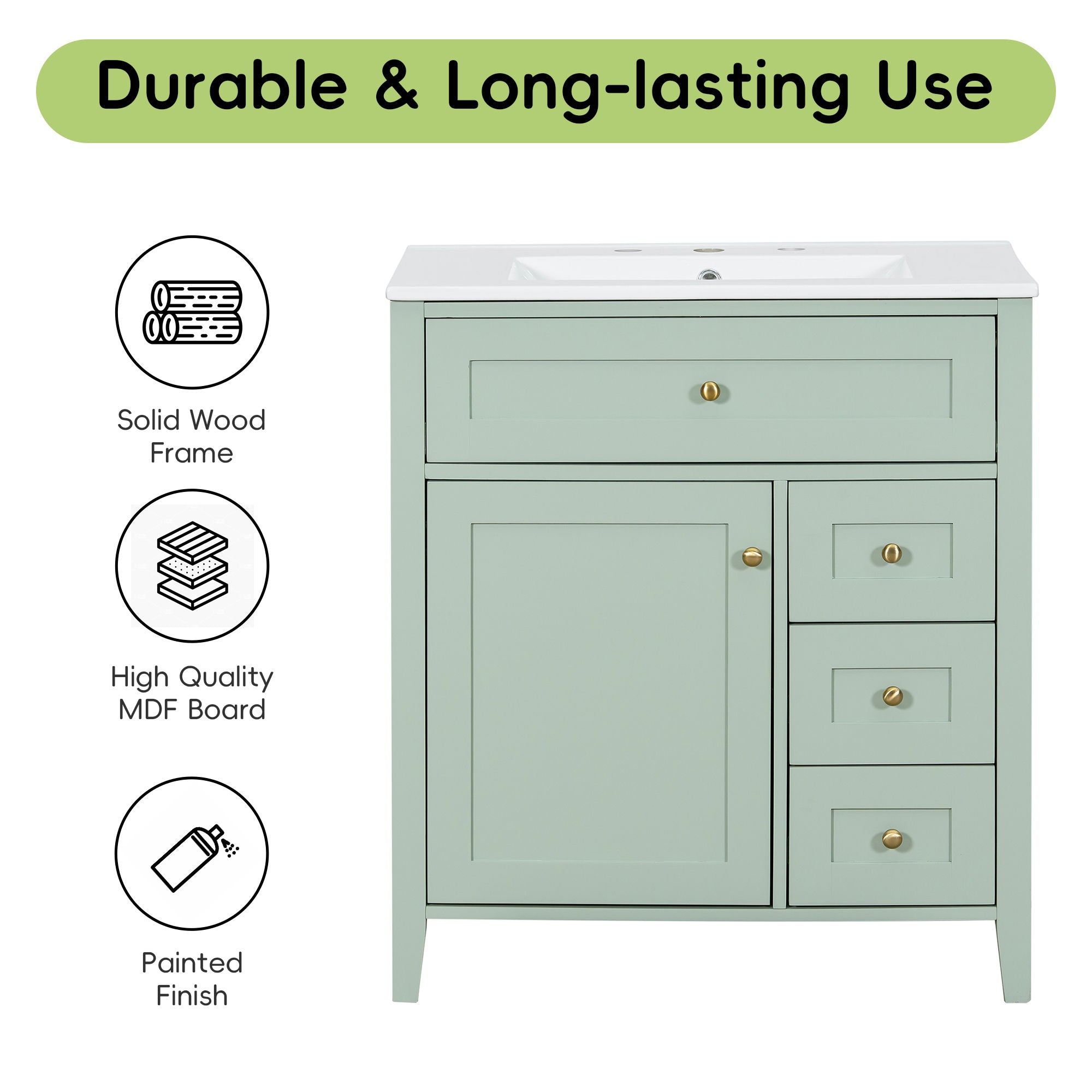 Bathroom Vanity With Sink, 3 Drawers And Adjustable Shelf