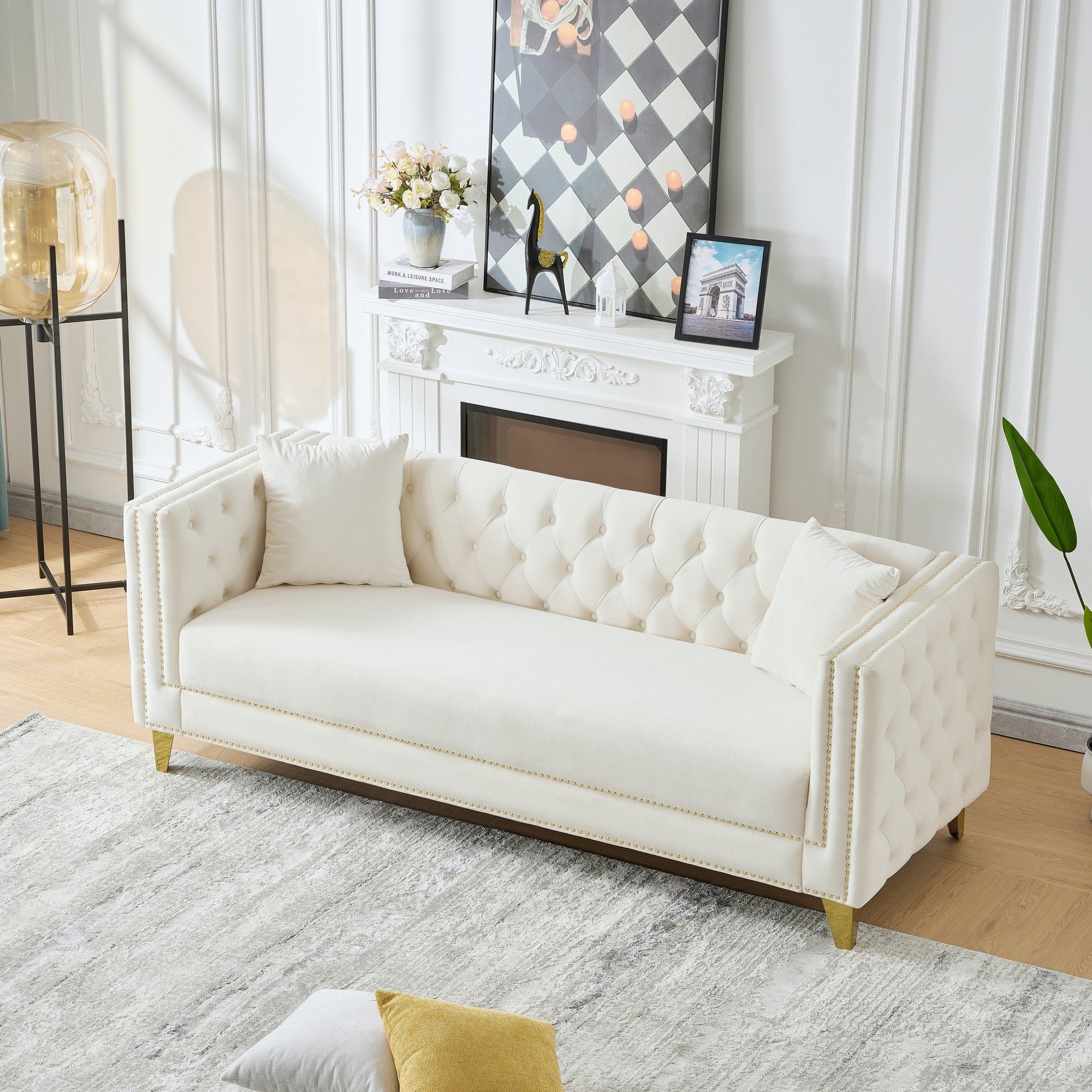 3 Seater Deep Seat Sofa, Sofa With Button Nailhead, Square Arm